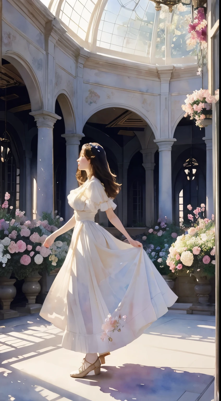 ((Sargent style watercolor))、(highest quality、masterpiece)、soft light、Indoor Botanical Garden、dome、(lots of flowers)、garden with dancing petals、