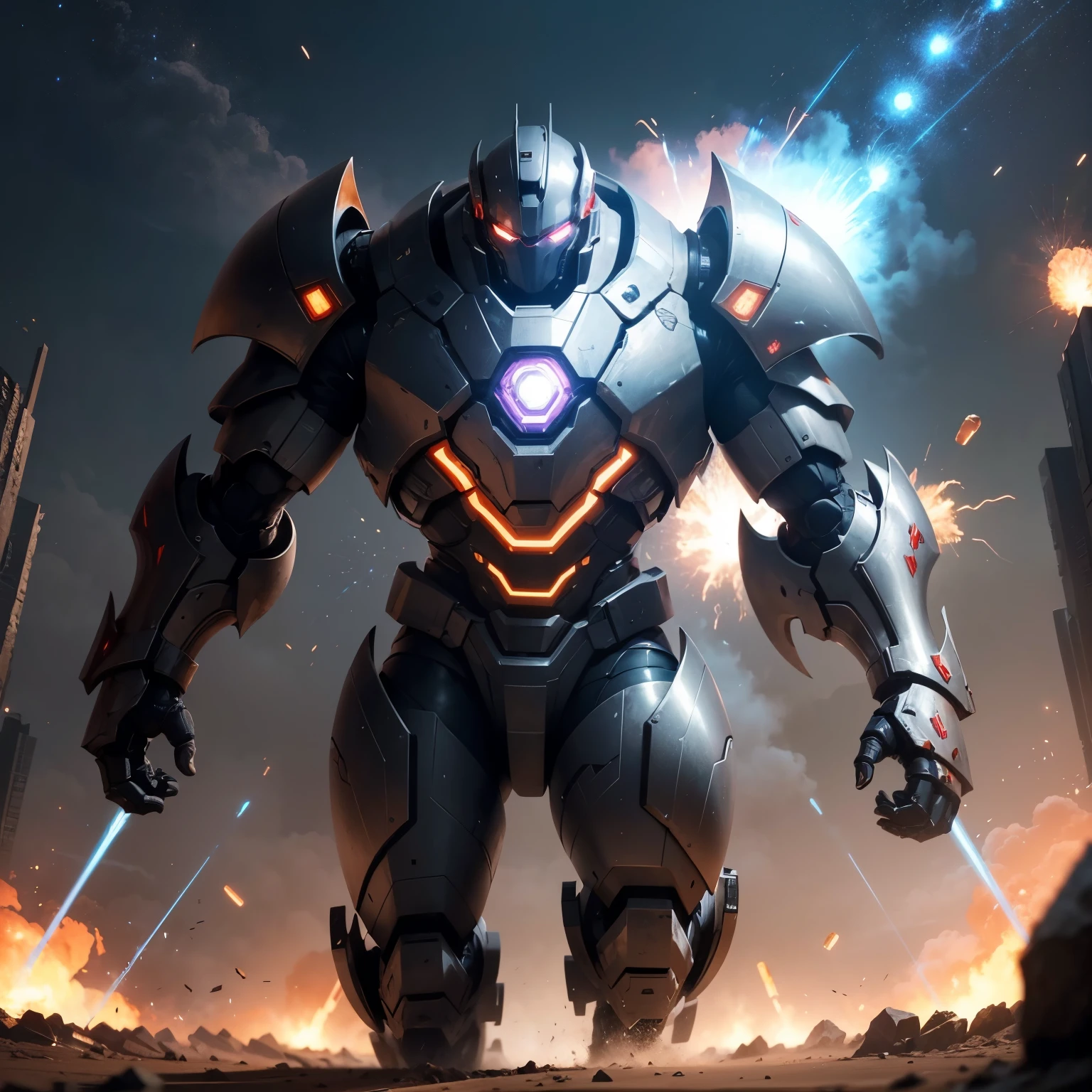 A man clad in bulky armor, his expression determined, engaged in an intense battle with a sophisticated robot on a distant, otherworldly planet. Both combatants exchanged rapid-fire laser blasts, their beams illuminating the night sky. The man's movements were agile despite his heavy armor, his gaze focused on the robotic foe before him. The robot retaliated, its metallic limbs whirring as it attempted to gain the upper hand in the fight. Amidst the fiery explosions and crackling energy, the fate of this strange new world hung in the balance.