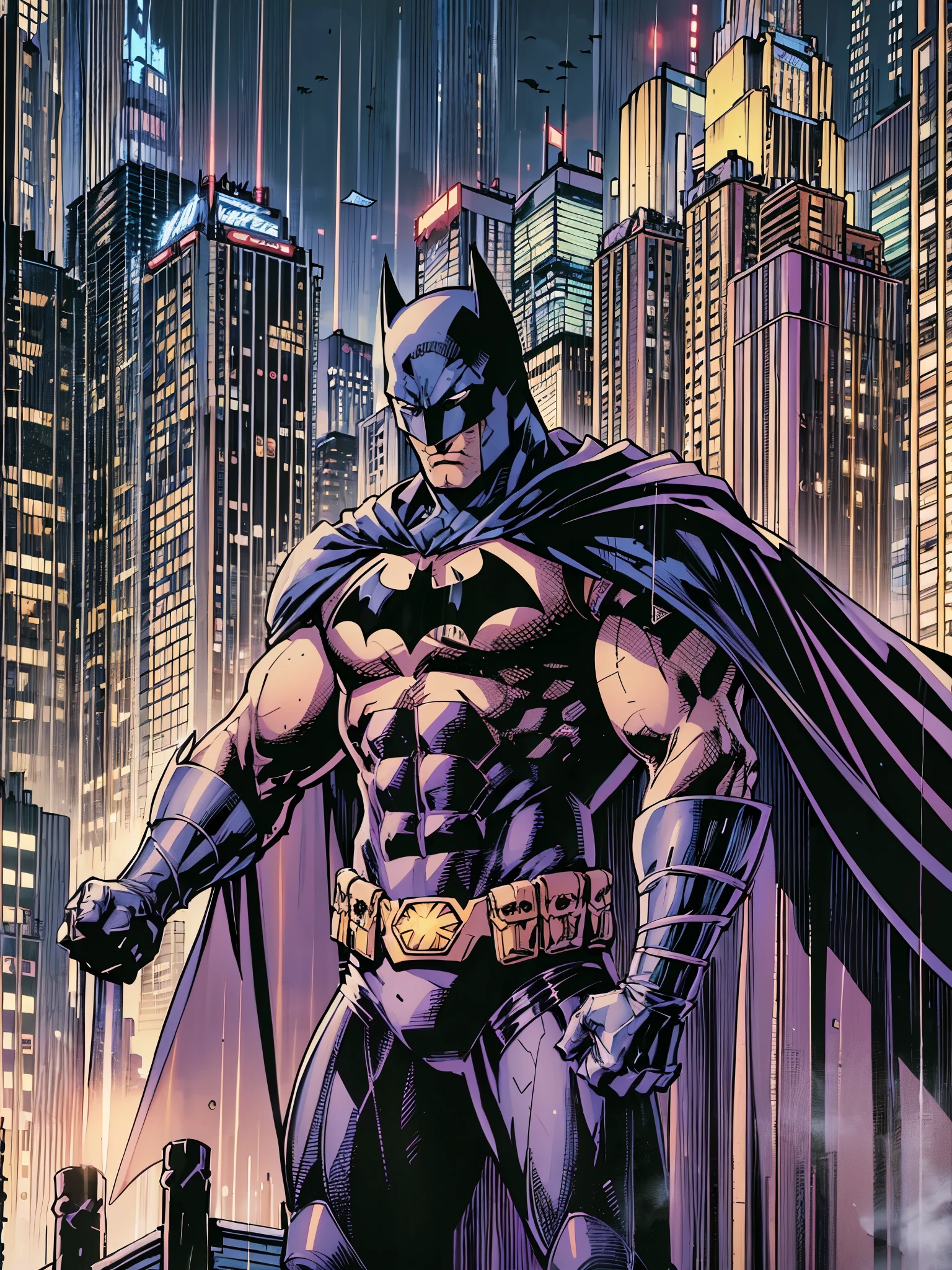 illustration, absurdres, masterpiece, 1boy, jim lee ,batman, standing, night, city, male focus,serious, on roof,cape,black armor, serious, cowboy shot, heavy downpour, floating cape,90s cartoons ,marvel comic，The background is New York City，Professional comic style, prominent contour lines