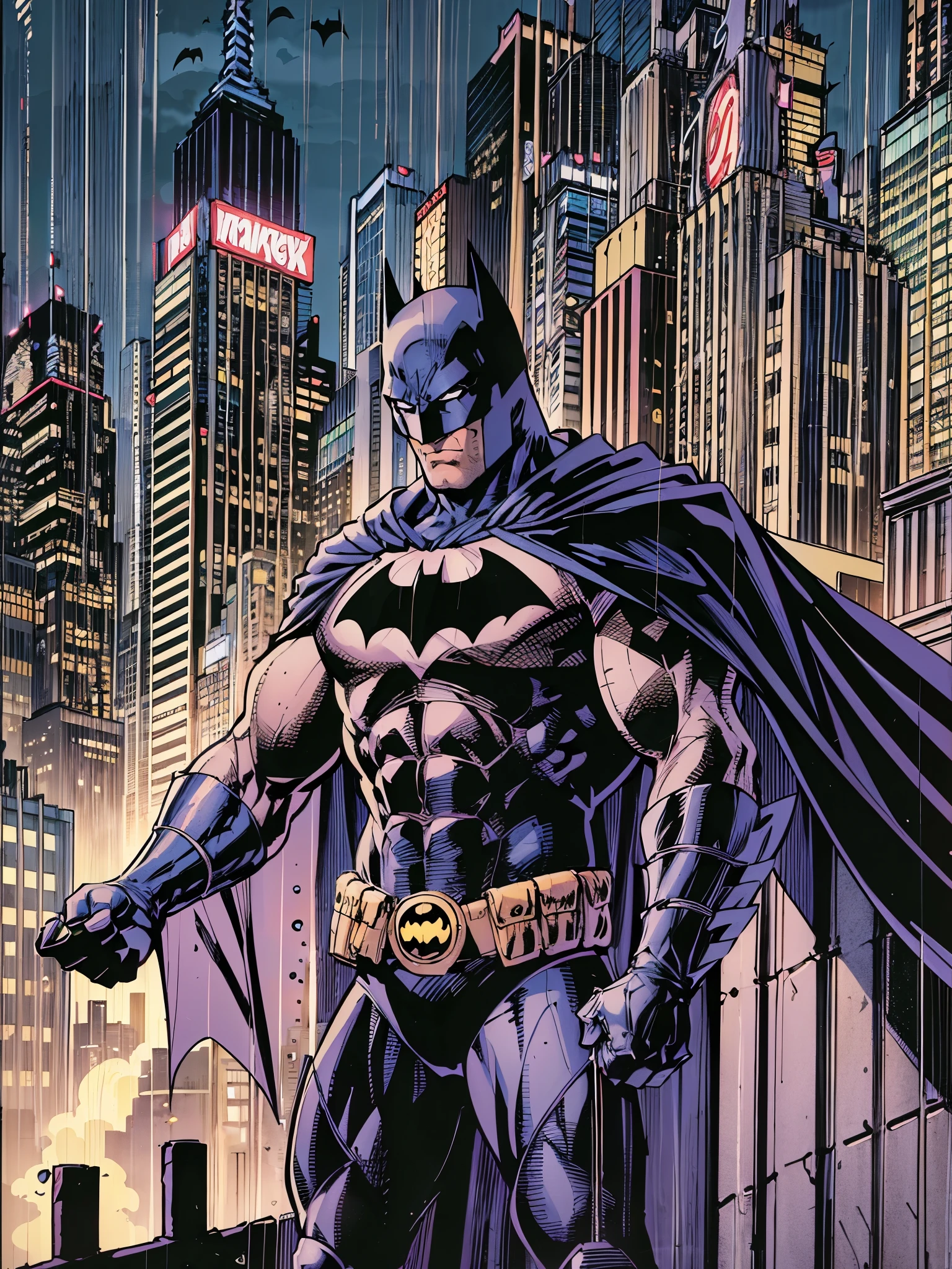 illustration, absurdres, masterpiece, 1boy, jim lee ,batman, standing, night, city, male focus,serious, on roof,cape,black armor, serious, cowboy shot, heavy downpour, floating cape,90s cartoons ,marvel comic，The background is New York City，Professional comic style, prominent contour lines