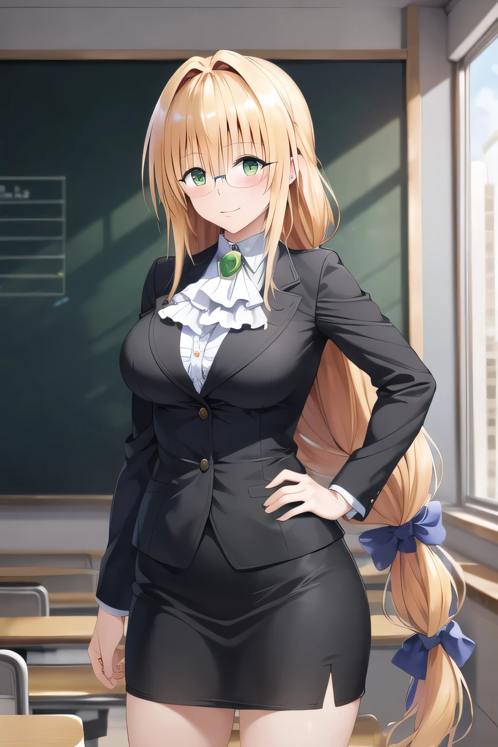 masterpiece, highest quality, High resolution, Atearge, very long hair, long hair tied low, hair ribbon, green eyes, Glasses, big breasts, white ascot, black jacket, long sleeve, black skirt, put your hands on your hips, Are standing, cowboy shot, classroom, blackboard,