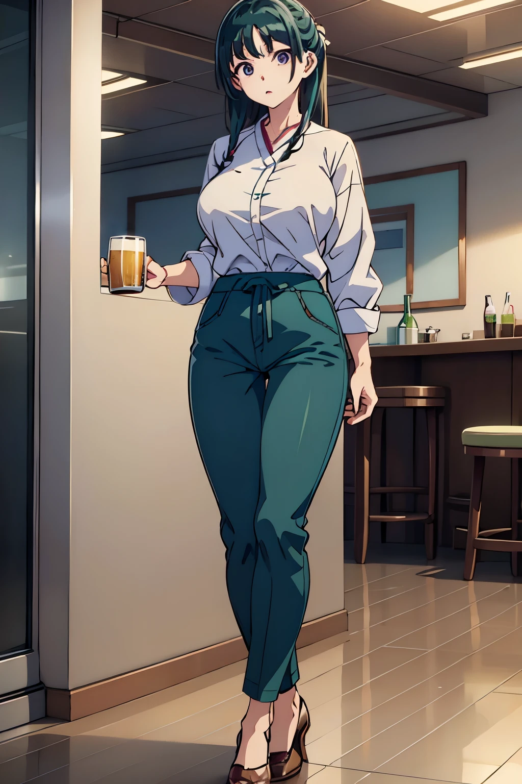 big breasts、I'm thin、narrow waist、legs are also thin、white shirt、black skinny pants、green hair color、eyes are purple、Drinking beer from a large mug at a pub