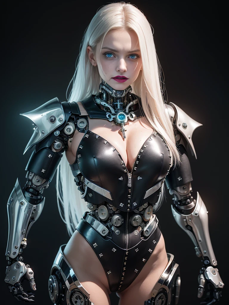 ((best quality: 1.5)) ((masterpiece: 0.8)), intricate details, sharp focus, professional, photorealistic, real life, realistic representation of the face, ((((solo, 1girl) athletic assassin, (albino, albino, intense expression, metallic lipstick, (mechanical arm, cyborg, ([flat chest:medium breasts:0.8]), cleavage))))) bright glow, dynamic pose, ugly face, in the style of realistic and hyper detailed renderings, dark room, dark background, black background, solo, BREAK; BREAK (((smirking, long black straight hair, blackout gothic eyeshadow))), (freckles: 0.9), ((((body tattoo: 0.7))), abdominal muscles), ((fujicolor)), BREAK; BREAK helmet, ((((futuristic steampunk (matte black armor:1.6, ((cleric, holy symbol, chrome rivets, lethal, flexing)))), photorealistic, hyper-realistic)))