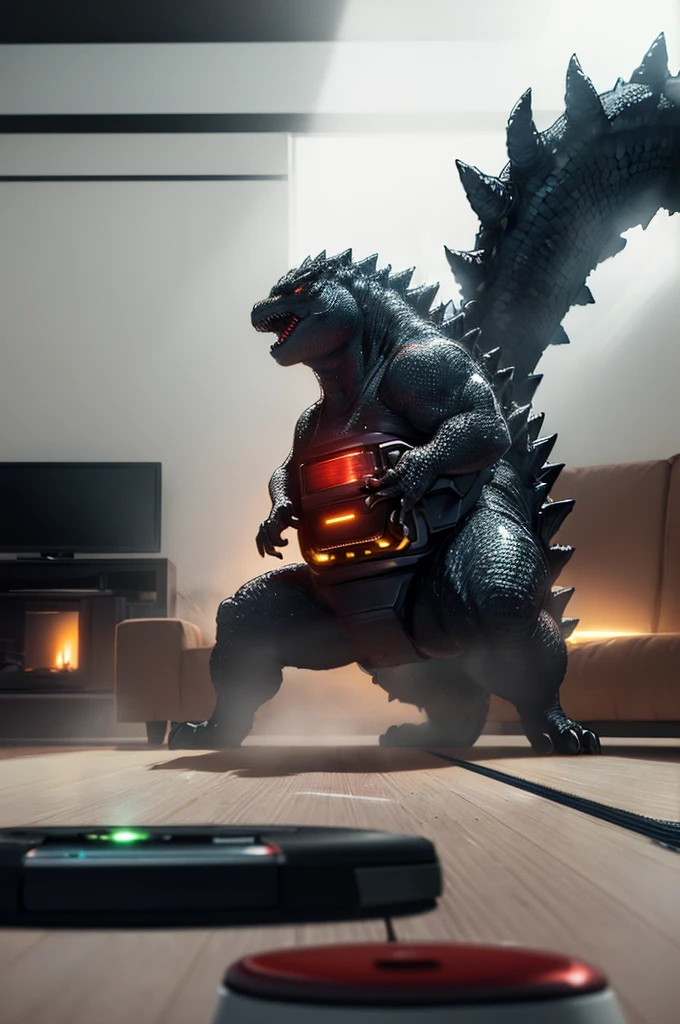 (best quality,4k,highres,masterpiece:1.2),ultra-detailed,(realistic,photorealistic:1.37),portrait,creature,godzilla,roaring,fierce,tiny,roomba,cleaning,living room,vibrant colors,playful lighting