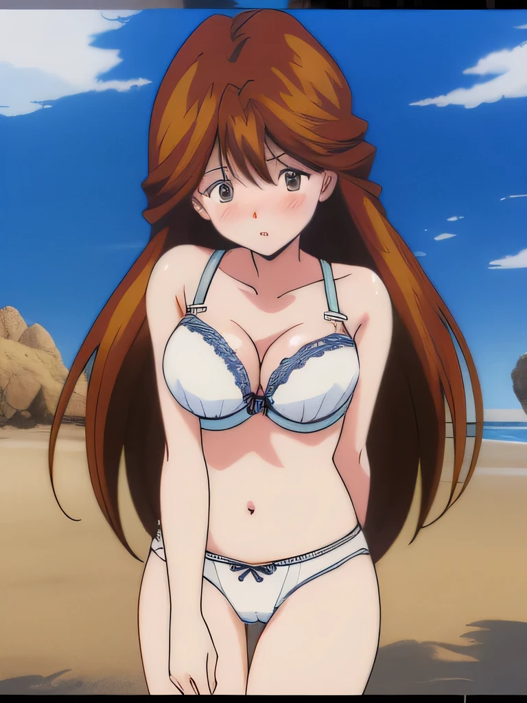 It is, 1 girl, alone, In underwear, long hair, slender body, belly button, brown eyes, white bra, expensiveleg, big breasts,knees, brown hair, 白いレースkneesパンティー,, looking at the viewer, blush, Are standing, redhead,  texpensive gap, camel toe, beach,
1990s \(style\), (anime, anime_screen cap, animeーション化された gif, mp4 ,video), (animeーション化された), (masterpiece, expensive quality), very_expensive_solve, big_file size, full color, 
masterpiece, expensive quality, very_expensive_solve, big_file size, full color,