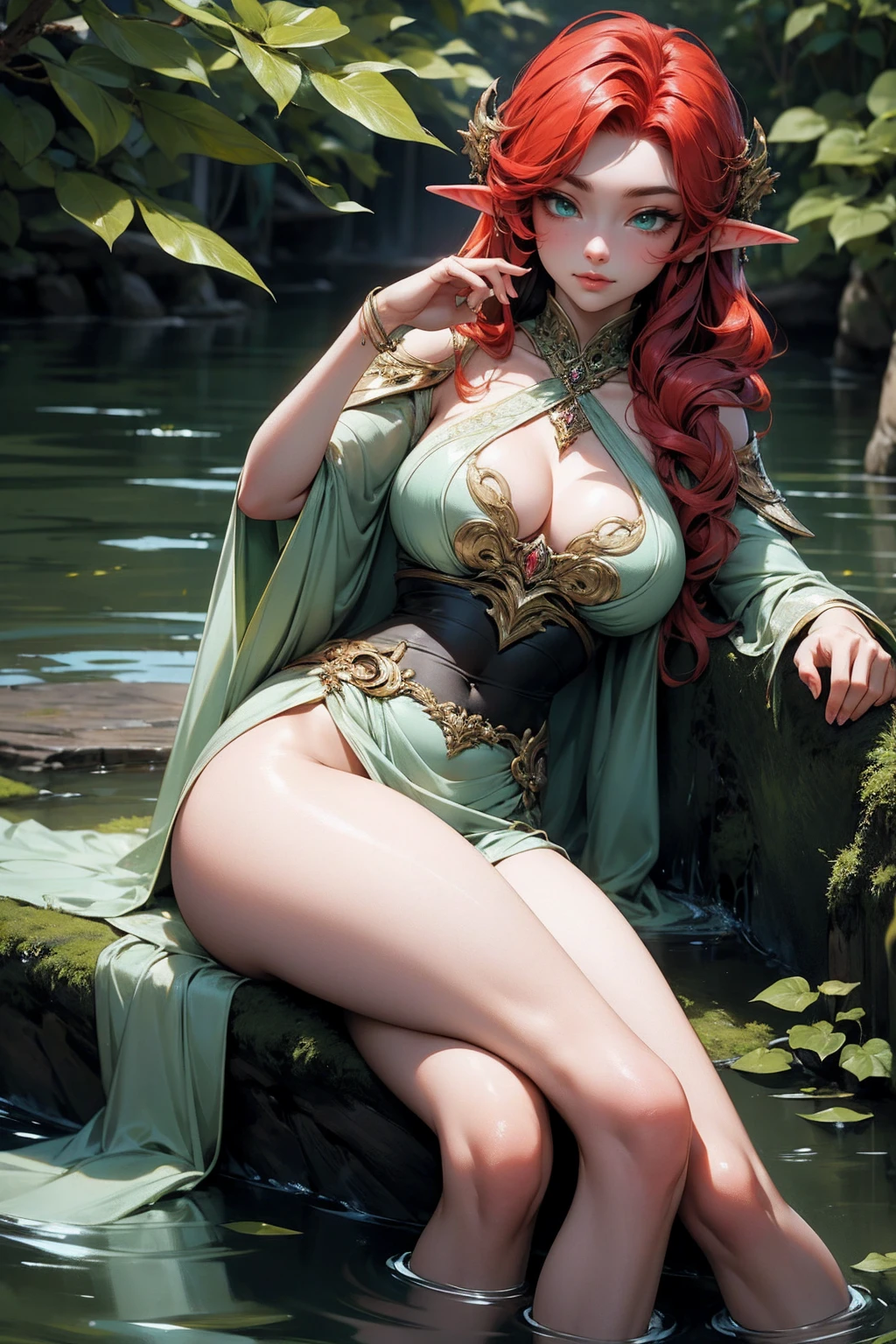 (Masterpiece - Ultra-Detailed, High Resolution) Prepare to be enchanted by a true masterpiece that combines ultra-detailed art with high-resolution rendering. This work shows a mesmerizing and sexy young elf with very large breasts and red hair. Green eyes, transparent dress, sitting on the water. Backwards, lookink back, with one finger in her mouth. Get ready to dive into a world where beauty and craftsmanship merge perfectly.