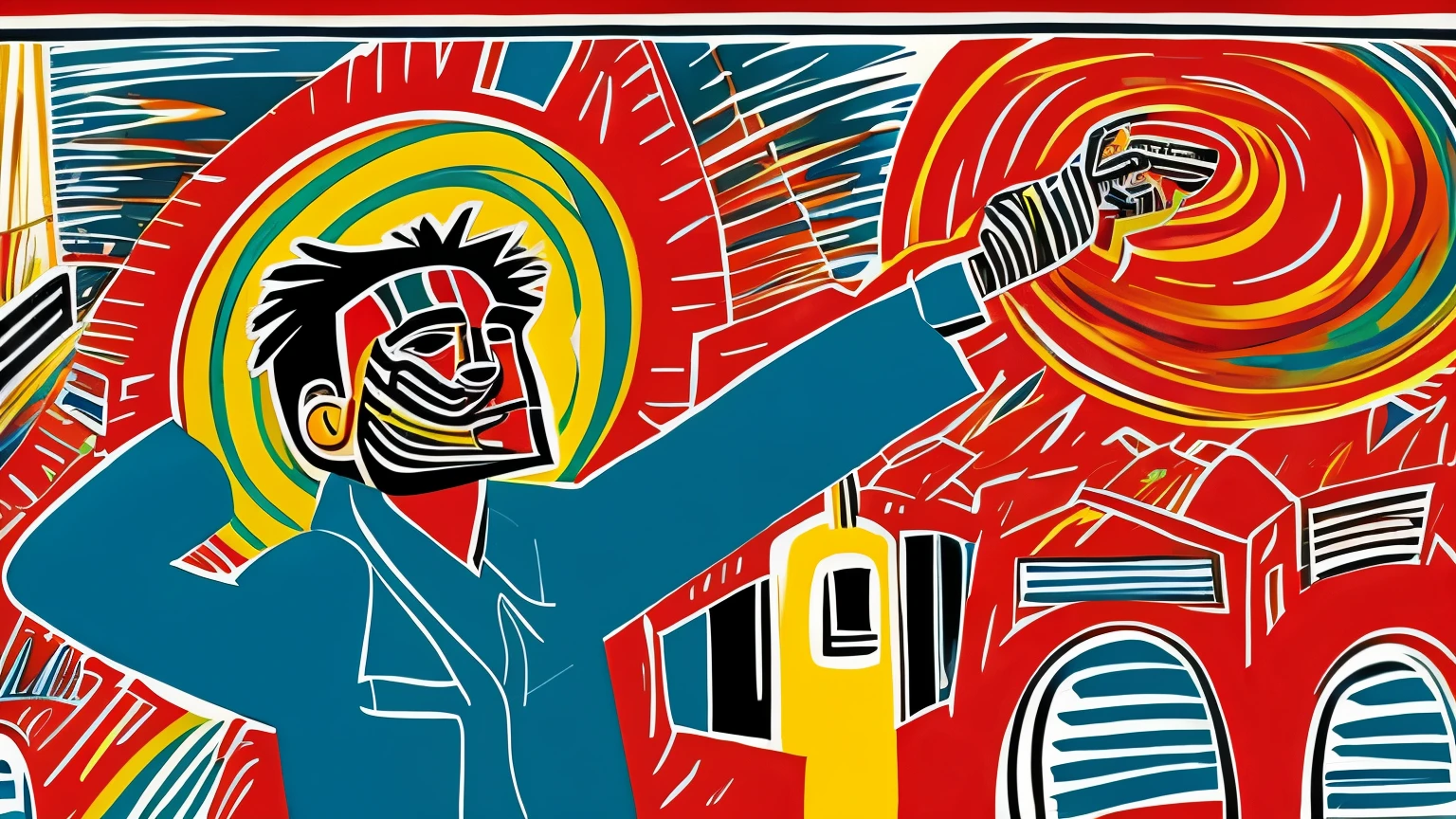 Create a piece of graphic art in the style of Jean-Michel Basquiat, depicting a delicate person discovering their inner self and living a vibrant life. Do not include any text in the image.