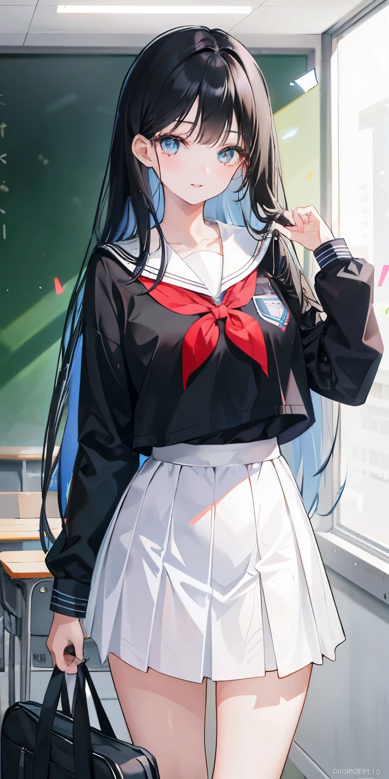 1 girl, parted lips, (long hair, straight hair:1.2, black hair) , compensate, light smile, school uniform, classroom, school bag, light, shine, thighs, clavicle, tight waist, (masterpiece), wallpaper,