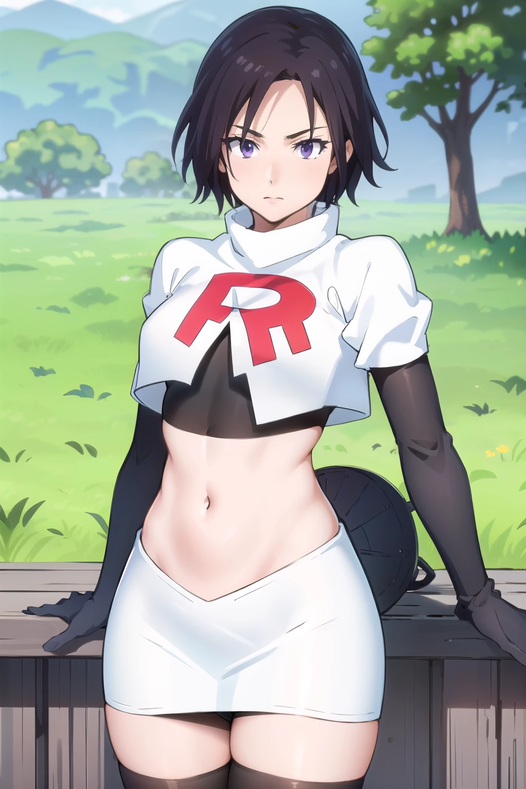 photorealistic, (4k), depth of field, (Masterpiece), (realistic skin texture), extremely detailed, intricate, hyper detailed, professional photography, high resolution, sharp detail, best quality, woman, short hair, black hair, purple eyes, outdoors, forest, trees, bushes, dirt path, ditch, cowboy shot,team rocket,team rocket uniform,white skirt,red letter R,crop top,black thigh-highs,black elbow gloves