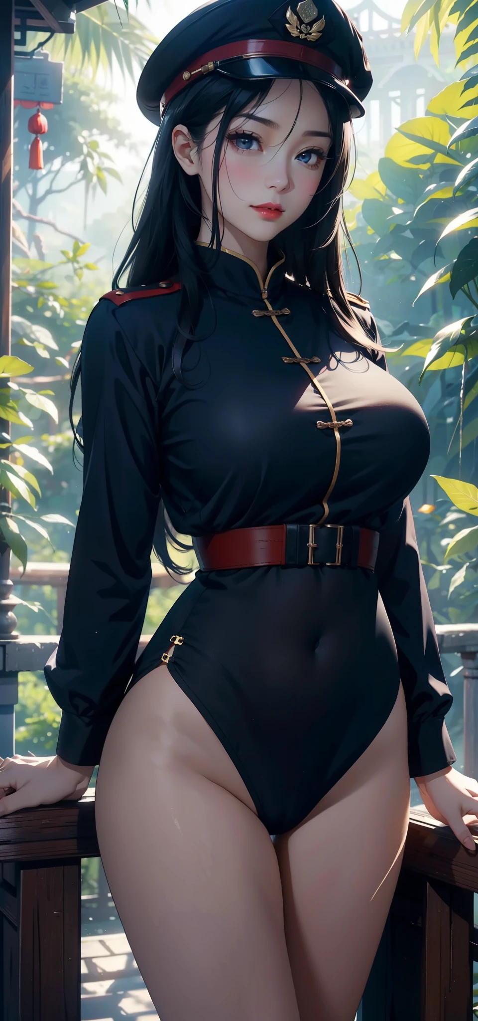 1 female，45 years old，married woman，Leg length, thin waist， 照片曝Light， alone，（background with：in the woods，rainforest，In the summer） She has long black hair，red lips，stand，Look at it from the front， straight hair， There are many clouds in the sky），（Very detailed CG unified 8K wallpaper），best quality，Light，Detailed background，beautiful student，（Very delicate and beautiful），（Beautiful and detailed eye descriptions），super detailed，masterpiece，））Slightly fat，nude，face camera，high resolution，super detailed），extra large breasts， protruding genitals，camel toe，Chinese Navy（wear：Dark blue military uniform，military cap）