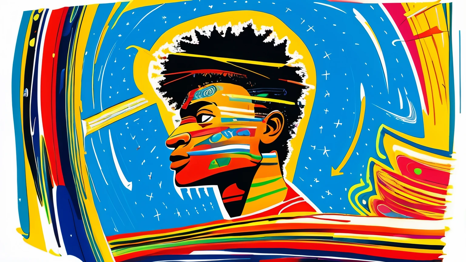 Create a piece of graphic art in the style of Jean-Michel Basquiat, depicting a delicate person discovering their inner self and living a vibrant life. Do not include any text in the image.