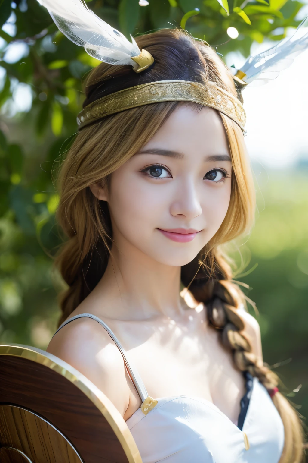 masterpiece、1 beautiful girl、fine eyes、smile、puffy eyes、highest quality, 超High resolution, (reality: 1.4), movie lighting、Japanese、asian beauty、Korean、super beautiful、beautiful skin、body facing forward、close up of face、upper body close-up,(超reality的な)、(High resolution)、(8k)、(very detailed)、(美しくfine eyes)、(Super detailed)、 (wall-)、detailed face、bright lighting、professional lighting、looking at the viewer、look straight ahead、slanted bangs、Blonde single braid、Nogizaka Idol、(masterpiece, highest quality:1.2), cowboy shot, alone, 1 girl, water valkyrie, No expression, closed mouth, looking at the viewer, sword and shield, single blade, winged helmet, armored dress,perfect cosplay