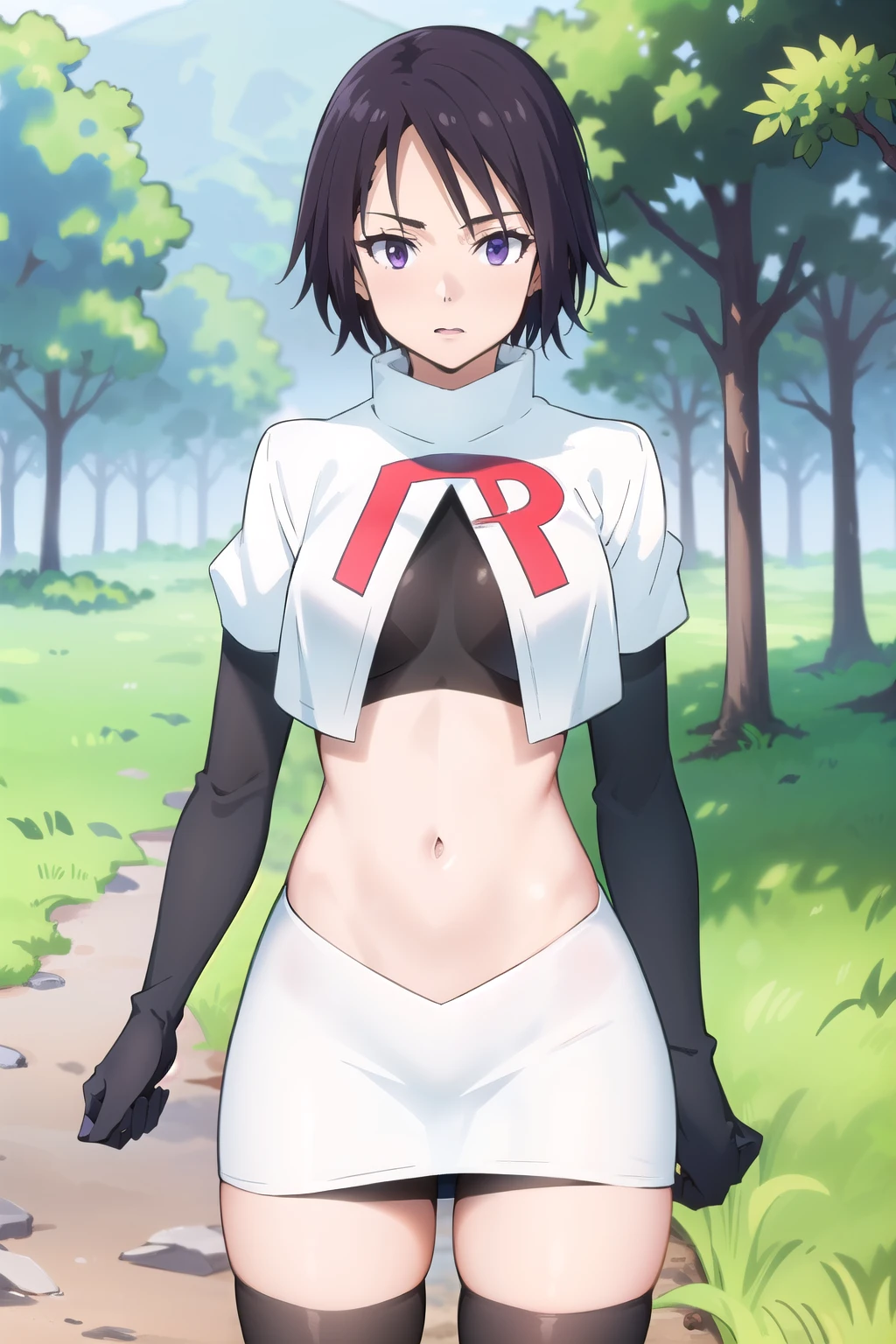 photorealistic, (4k), depth of field, (Masterpiece), (realistic skin texture), extremely detailed, intricate, hyper detailed, professional photography, high resolution, sharp detail, best quality, woman, short hair, black hair, purple eyes, outdoors, forest, trees, bushes, dirt path, ditch, cowboy shot,team rocket,team rocket uniform,white skirt,red letter R,crop top,black thigh-highs,black elbow gloves