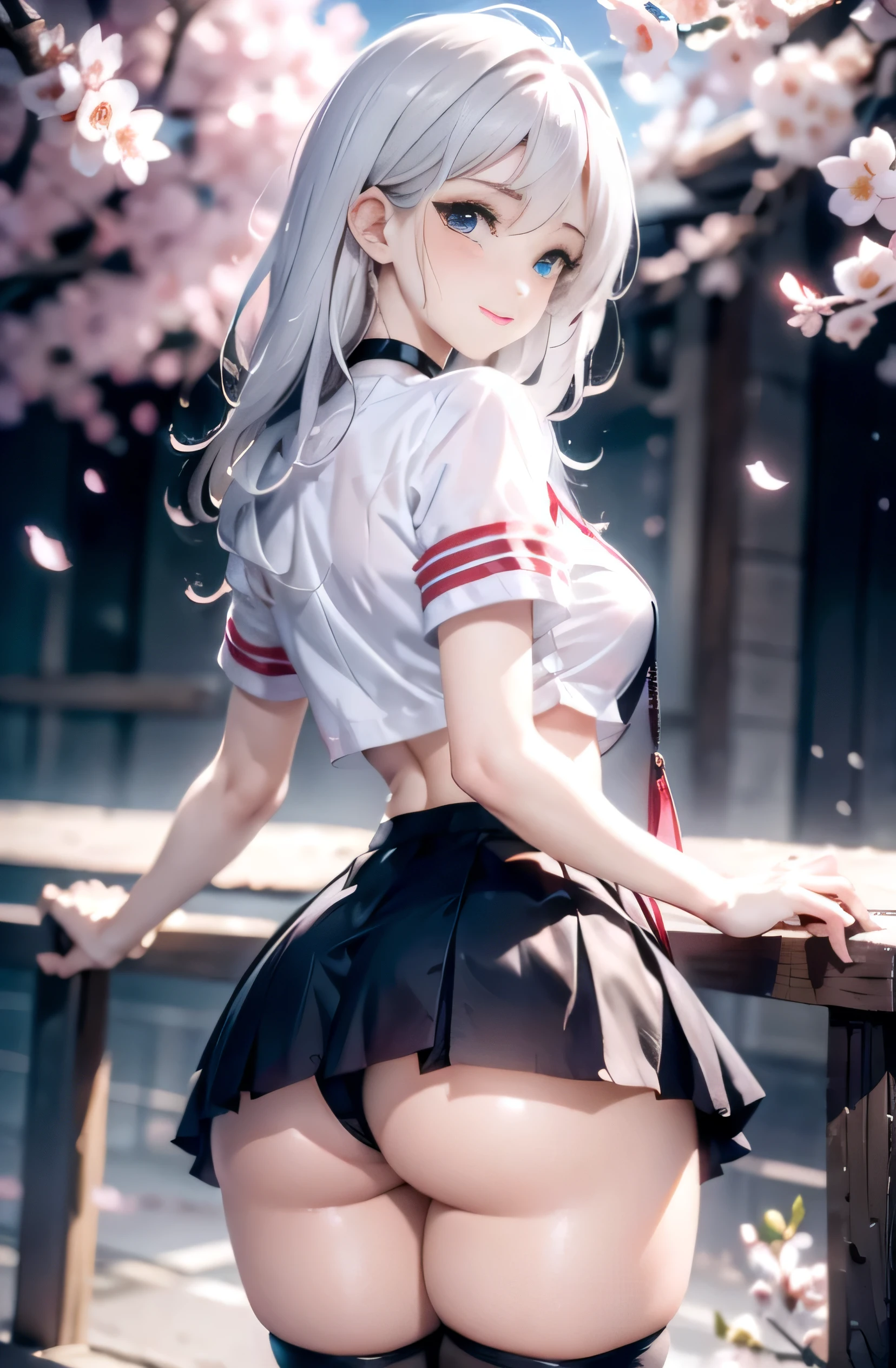 (photorealistic:1.8, highest quality:1.8,8K masterpiece:1.8,High resolution,muste piece:1.8,RAW Photos,cinematic lighting),
1 23-year-old woman,(colorful nurse uniform,mini skirt,choker,knee high tights,beautiful butt,beautiful thighs),
beautiful detailed blue eyes:1.7,double eyelid:1.6,beautiful skin:1.8, 
line of sight(Turning Head Away, Glancing Elsewhere:1.5),(photo seen from behind:1.4),
(midium Hair:1.2,beautiful shining white hair:1.5), 
expression(Gentle Smile:1.3,face turns red:1.3),(Moderate chest:1.3),
Pause(look back, Seductive pose:1.5), 
background(cherry blossoms、A bright park with blooming flowers),(detailed perfect face),anatomically correct,correct number of arms:1.5,correct number of legs:1.5,Best ratio 4 fingers and 1 thumb,(cameltoe),No split screen