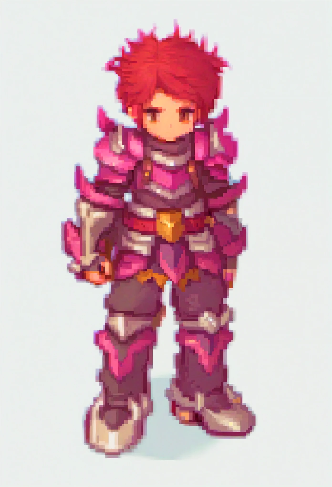uma imagem de pixel de um homem em armadura com uma espada, sprite de corpo inteiro, armadura rosa lisa, jpersonagem de RPG, armadura rosa simplificada, dressed in ethereal battle armor, personagem de RPG, feito no RPG Maker, draconic-looking armor, com uma armadura leve de couro, vestido com armadura leve, Estilo varguyart, personagem de RPG avatar
