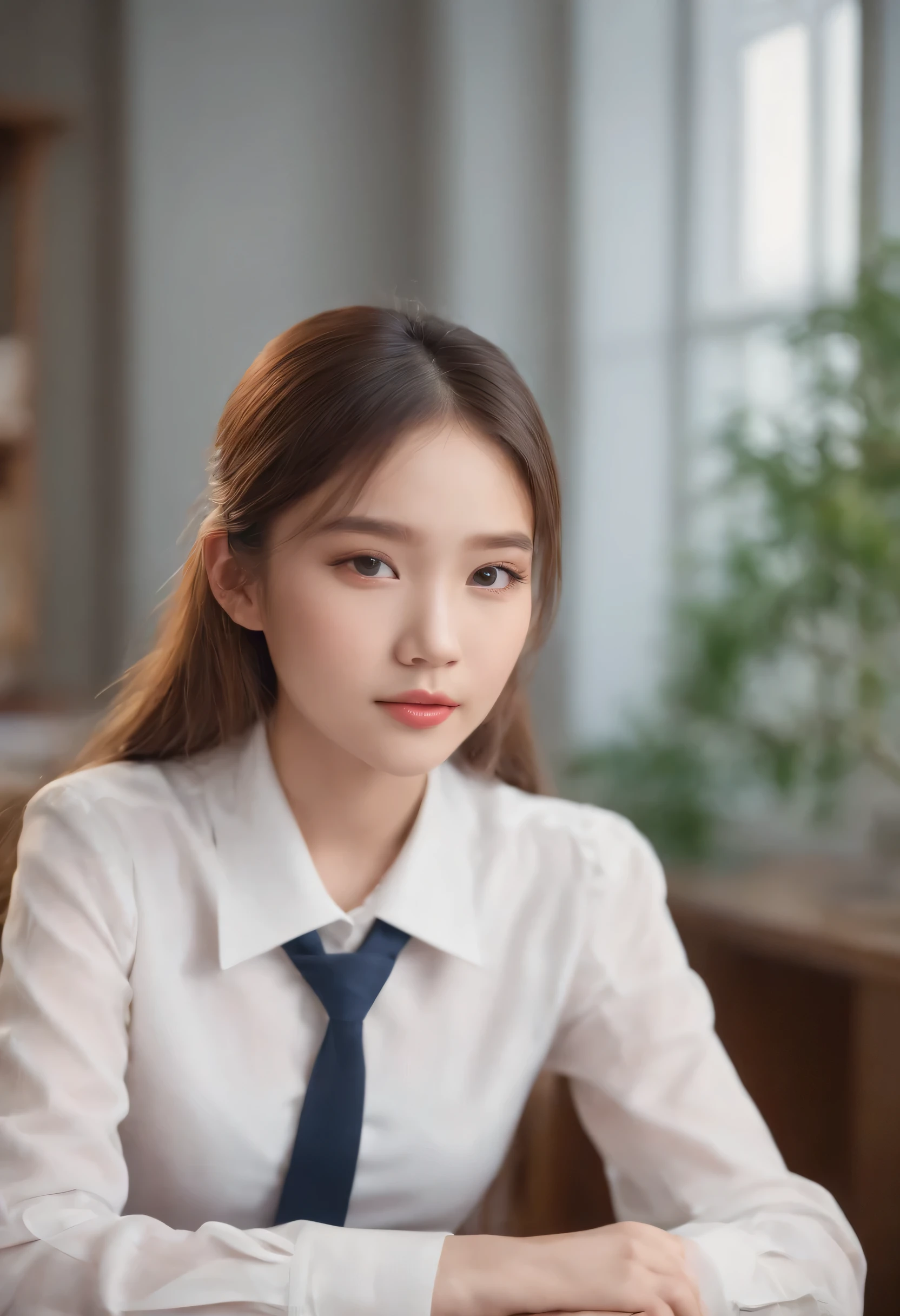 1 asian girl, hyper realistic, school girl, uniform, 19 years old, very beautiful, School uniform, details eyes, blonde hair, open legs, on desk, background flue, 8k, touching legs, , , cowboy shot