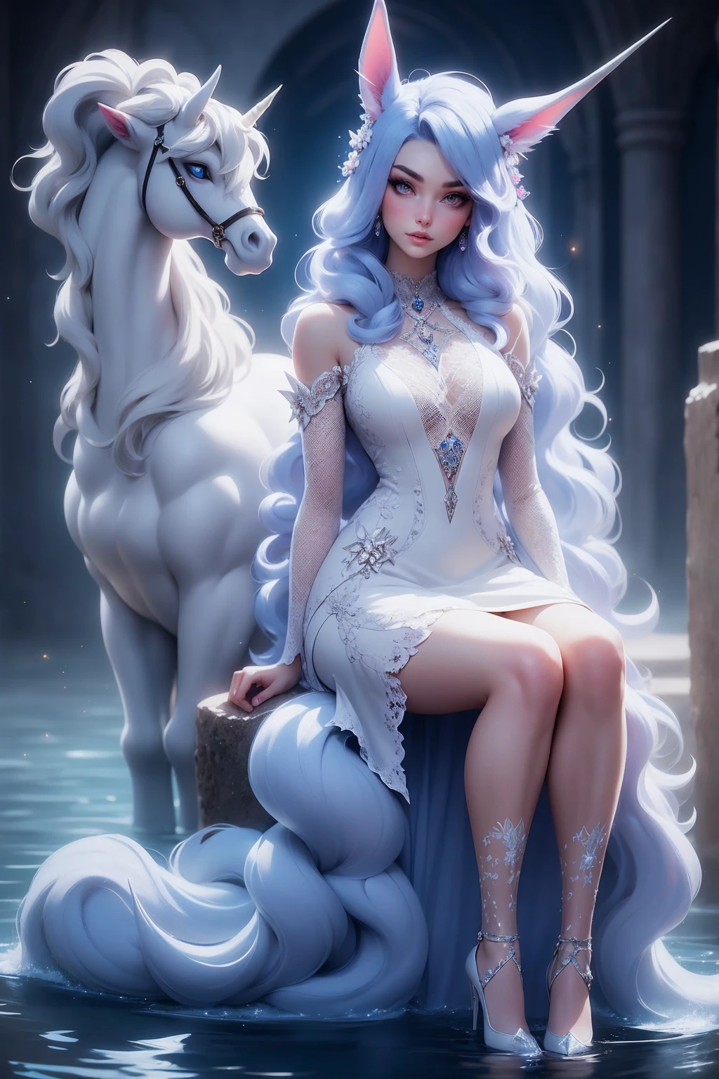 {-erro_de_anatomia:1.0} There is a white unicorn girl, blue mane and long mane, white unicorn, unicorn, unicorn horns, A unicorn, celestia, Nine stories, blue unicorn, soft dreamy, cinematic light《fangs》Unicorn in, mythological creatures, a mythical creature, Pokémon illustration, unicorns, a glaceon princess, white dress, opal eyes. Auroracore, ghostly iridescent, image good for rendering, sitting on the water, unicorn girl, full body.