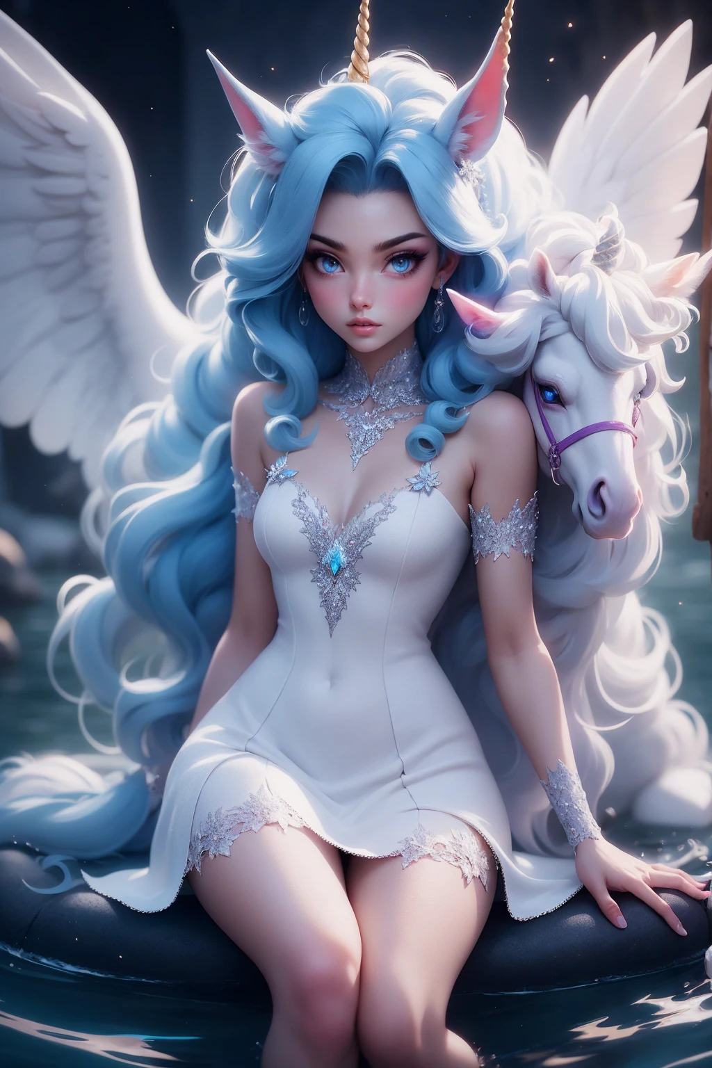 {-erro_de_anatomia:1.0} There is a white unicorn girl, blue mane and long mane, white unicorn, unicorn, unicorn horns, A unicorn, celestia, Nine stories, blue unicorn, soft dreamy, cinematic light《fangs》Unicorn in, mythological creatures, a mythical creature, Pokémon illustration, unicorns, a glaceon princess, white dress, opal eyes. Auroracore, ghostly iridescent, image good for rendering, laying in the bed, unicorn girl, full body.