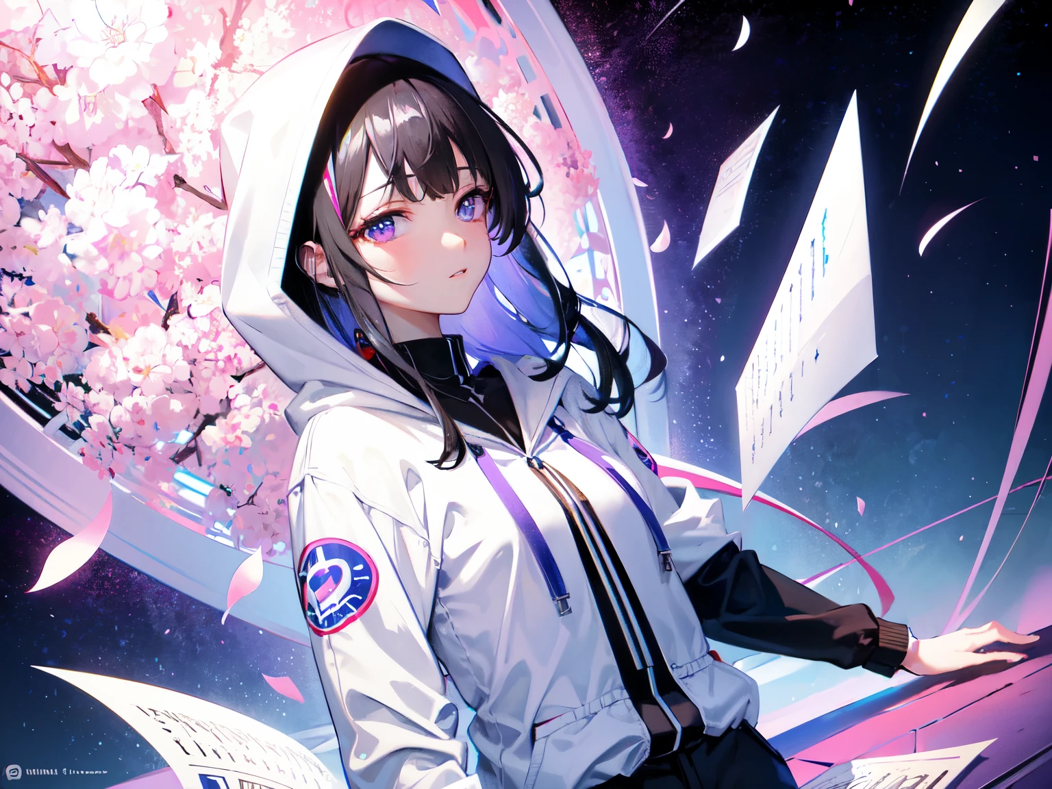 Dynamic angle,colorful, best quality,extremely detailed cg 8k wallpaper,best quality, masterpiece, highres, original, extremely detailed wallpaper, (solo:1.25),Detailed and baeutiful face, female, black hair, blue side hair, with bangs, light purple eyes, white shirt, white hood, white pants, papers, ray trance.