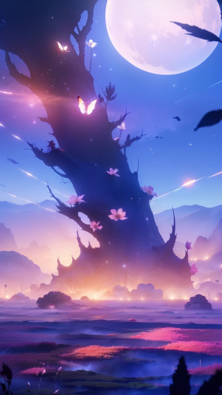landscape, masterpiece,gorgeous, horizon,magic, flowers, artistic, red, dust, moon, best quality, colorful, reflections, fog, cosmic,fireflys,monster, deatiled,intricate, nature, ((no_humans)), star dust, flowers. particles