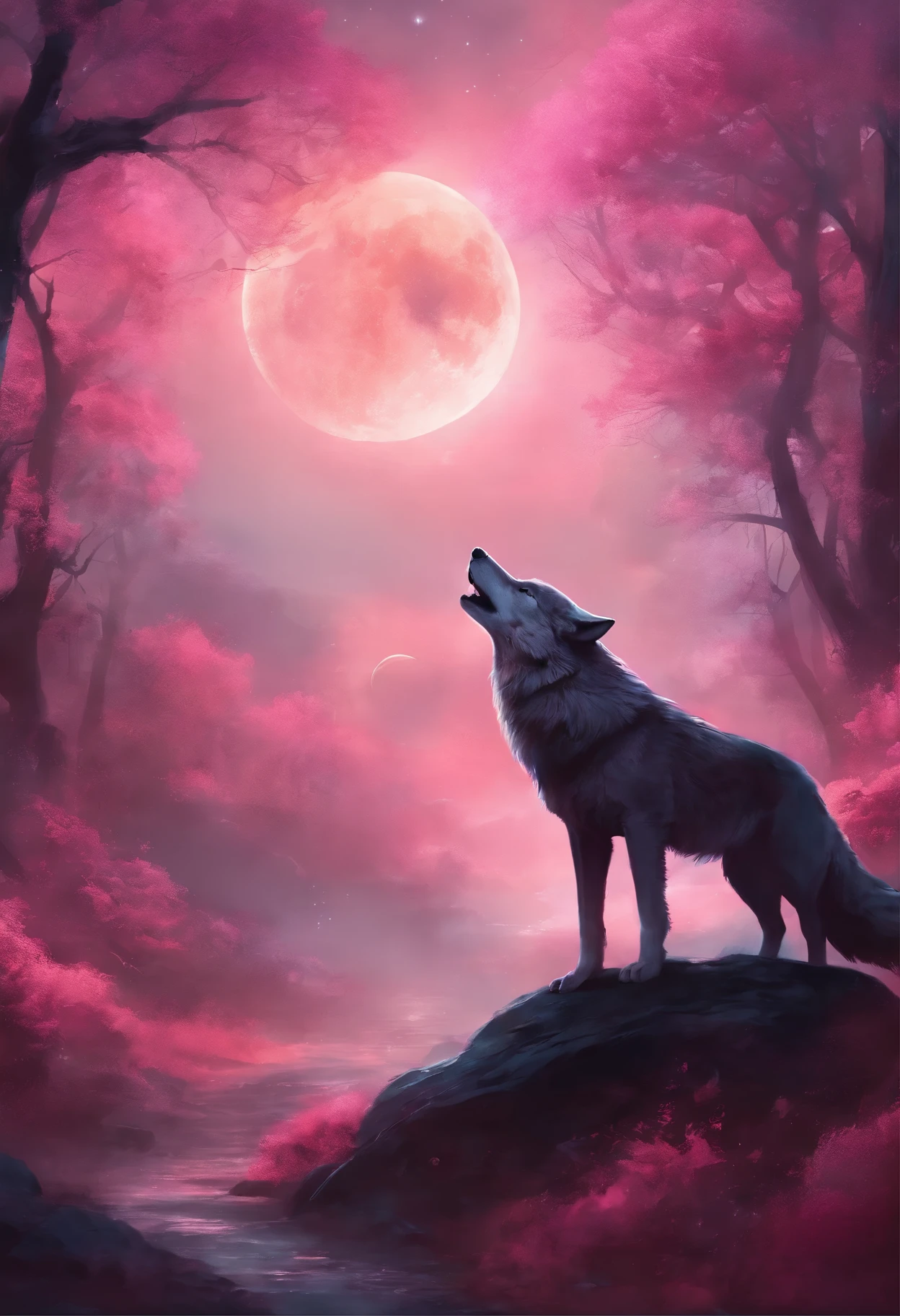Wolf、Barking、moon、night forest、[dark background and details] [Aesthetics of dark scenes] [Detail of pink rose smoke in the background]