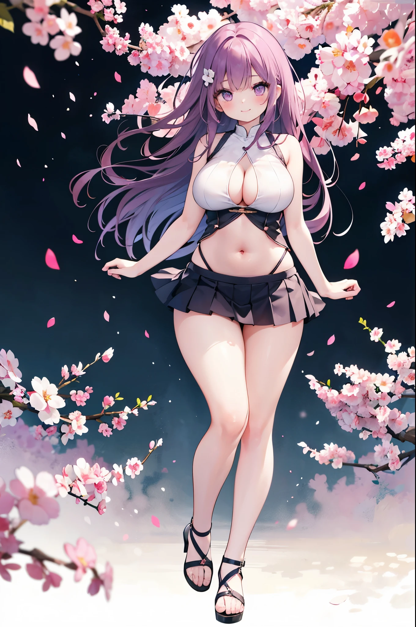 realistic image, coherent image, detailed image, 1 beautiful girl. She has braided purple hair that goes behind her back and a hairpin on the right side of her. Pink violet eyes, long eyelashes. Her face is oval and delicate. smiling seductively. She is wearing a sleeveless top, showing her navel, pleated mini skirt. She has a curvy body, big breasts and thick thighs. She has her arms hidden behind her back, showing her breasts. view of her full body. cherry petals falling. natural lighting in front, volumetric lighting