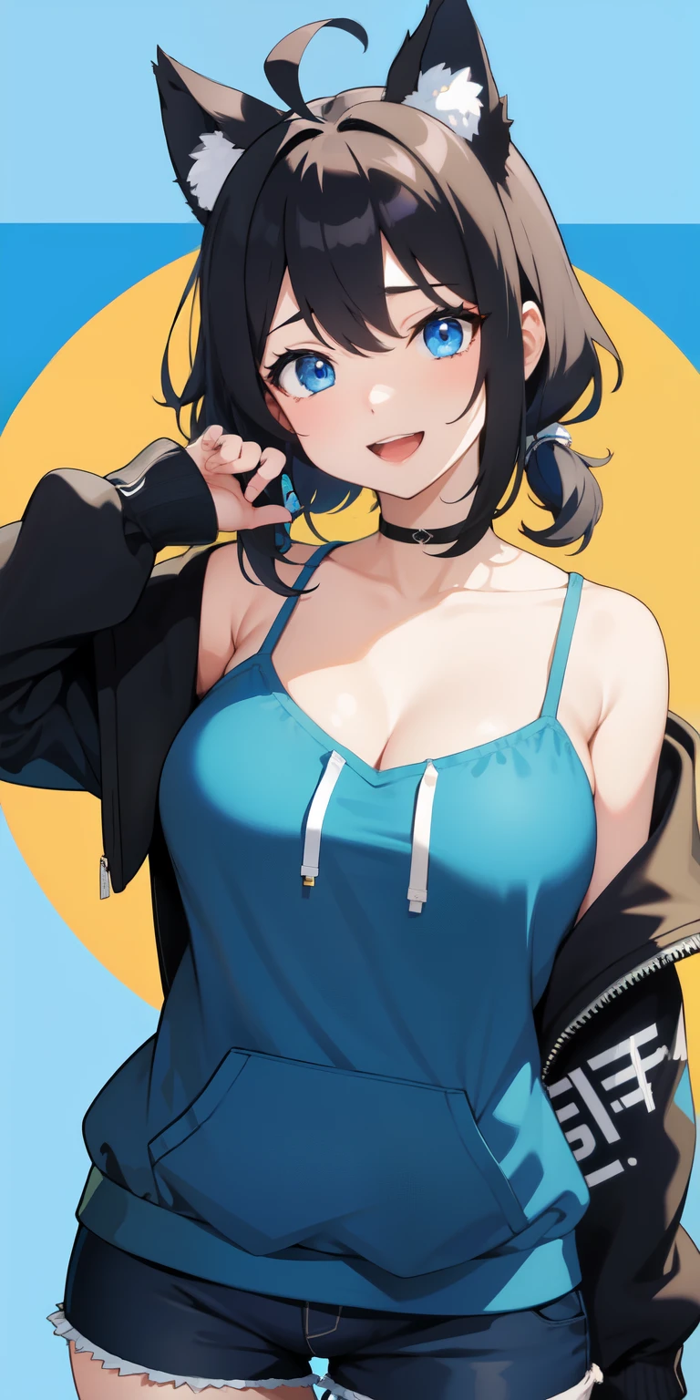 on lap,((((upright)))), ((((stand up)))), looking at the viewer, simple background、white background, 1 girl, open your mouth, smile, Virtual YouTuber、with a girl、((highest quality, expensive_solve, clear_image)),(black hair), (black cat ears), (Ahoge),stupid short hair、twin tails、(wavy hair), (blue eyes),、laughter、very big breasts、((concept art))、((front))、wore a camisole、I put a hoodie on my shoulders、short pants、cleavage visible、whole body、