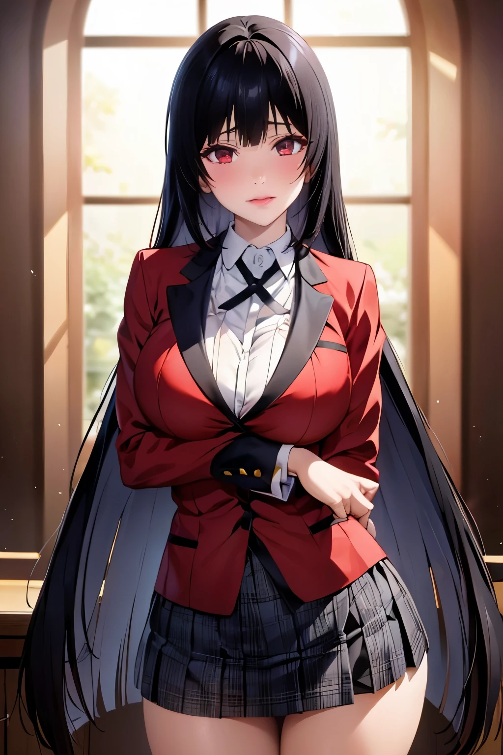 High resolution、masterpiece、1 girl, Jabami Yumeko,hmjy1 long black hair,red eyes,blush,sexy body,((uniform, red jacket)), Red blazer with black trim on cuffs and collar lining, White button-up dress shirt and black tie, Black and gray plaid miniskirt, black tights, そして茶colorのローファー. , cowboy shot,beautiful体,perfect eyes, perfect face,表情豊かな目のmasterpiece:1.0),(Highest_quality:1.0), かわいい笑face, , beautiful and bright lighting, ,Slender beauty:1.4, slim abs, 引き締まったwaist, (笑face:1.2), slender and long beautiful legs,,超High resolution,4k,super detailed, photograph, 8k, HDR, High resolution, film grain, Lens flare, (lively_color:1.2), (beautiful_face:1.5),(narrow_waist), exquisite visuals, Highest quality,18-year-old、expensive,邪悪な笑face