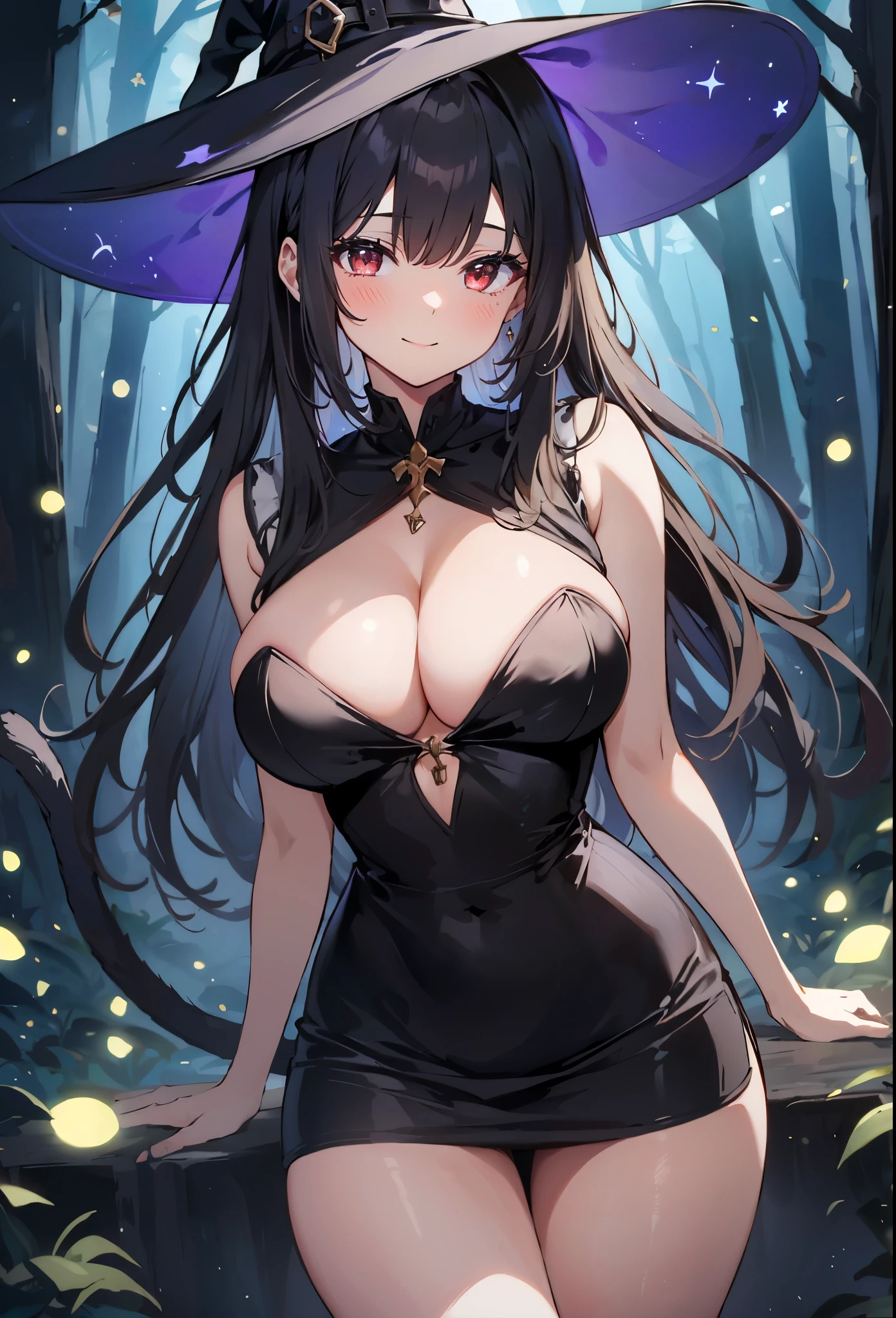 high quality, super detailed, 最high quality, Extremely detailed, beautiful, masterpiece, 1 girl, alone, figure, night forest, particle light, cowboy shot, looking at the viewer, red eyes, long hair, bangs, black hair, witch, witch hat, bodycon dress, cat tail, big breasts, cleavage, thighs, closed mouth, smile, blush