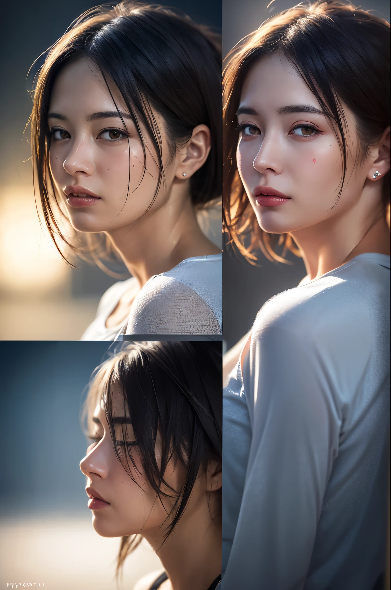 Dressed, (photo Realistic:1.4), (hyper Realistic:1.4), (Realistic:1.3),
(Smoother lighting:1.05), (Improving the lighting quality of movies:0.9), 32k,
One girl,20 year old girl, Realistic lighting, Backlight, Light on the face, Ray-tracing, (Bright light:1.2), (Improvement of quality:1.4),
(Highest quality real texture skins:1.4), Detailed drawn eyes, Detailed painted face,
(tired and sleepy and joy), (smile:0), Face close-up, T-Shirts,
(Enhance the mood of your body line:1.1), (Enhances the beauty of skin texture:1.1)