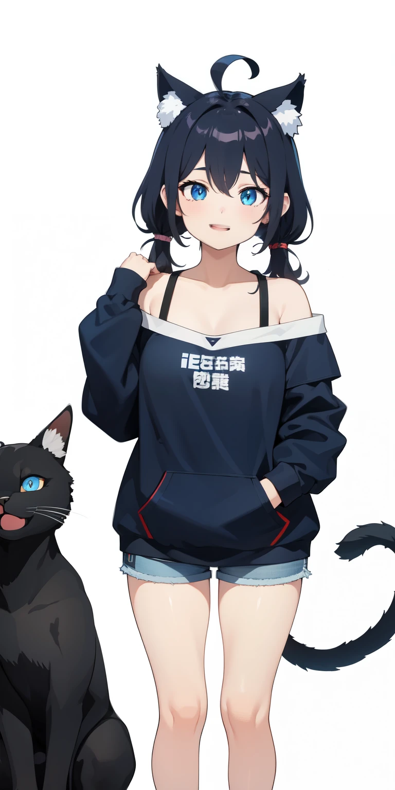 on lap,((((upright)))), ((((stand up)))), looking at the viewer, simple background、white background, 1 girl, open your mouth, smile, Virtual YouTuber、with a girl、((highest quality, expensive_solve, clear_image)),(black hair), (black cat ears), (Ahoge),stupid short hair、twin tails、(wavy hair), (blue eyes),、laughter、very big breasts、((concept art))、((front))、wore a camisole、I put a hoodie on my shoulders、short pants、cleavage visible、whole body、