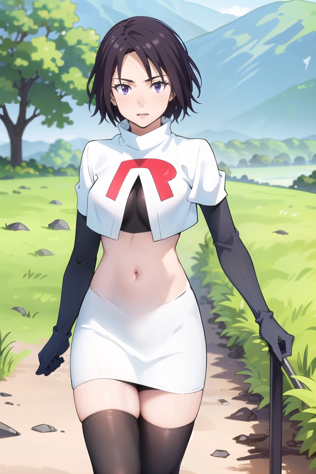 photorealistic, (4k), depth of field, (Masterpiece), (realistic skin texture), extremely detailed, intricate, hyper detailed, professional photography, high resolution, sharp detail, best quality, woman, short hair, black hair, purple eyes, outdoors, forest, trees, bushes, dirt path, ditch, cowboy shot,team rocket,team rocket uniform,white skirt,red letter R,crop top,black thigh-highs,black elbow gloves