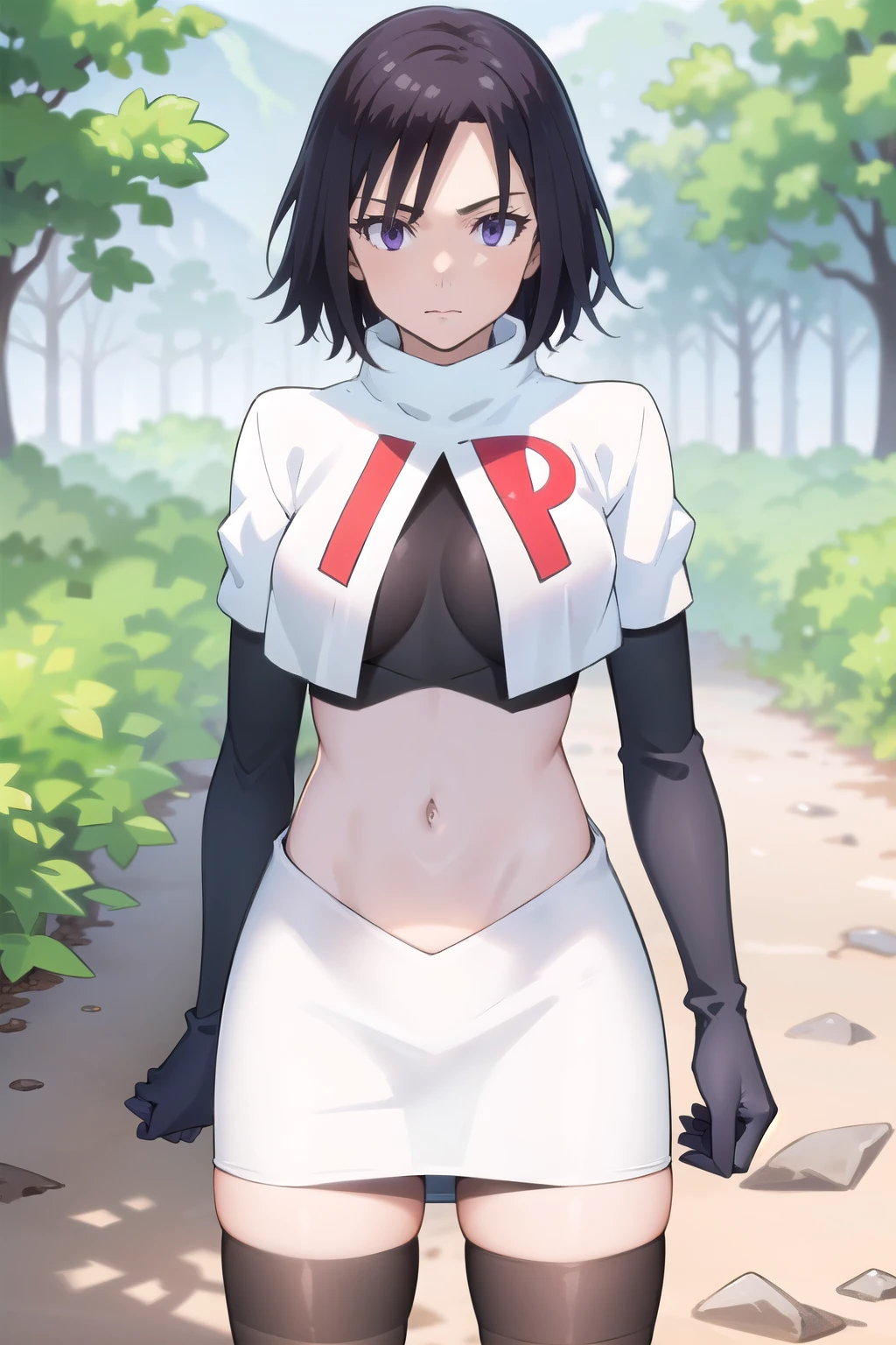 photorealistic, (4k), depth of field, (Masterpiece), (realistic skin texture), extremely detailed, intricate, hyper detailed, professional photography, high resolution, sharp detail, best quality, woman, short hair, black hair, purple eyes, outdoors, forest, trees, bushes, dirt path, ditch, cowboy shot,team rocket,team rocket uniform,white skirt,red letter R,crop top,black thigh-highs,black elbow gloves