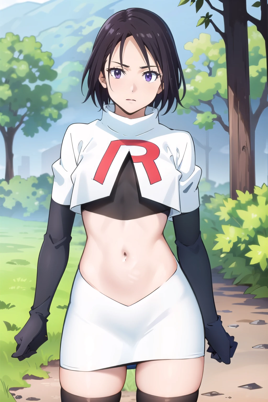 photorealistic, (4k), depth of field, (Masterpiece), (realistic skin texture), extremely detailed, intricate, hyper detailed, professional photography, high resolution, sharp detail, best quality, woman, short hair, black hair, purple eyes, outdoors, forest, trees, bushes, dirt path, ditch, cowboy shot,team rocket,team rocket uniform,white skirt,red letter R,crop top,black thigh-highs,black elbow gloves