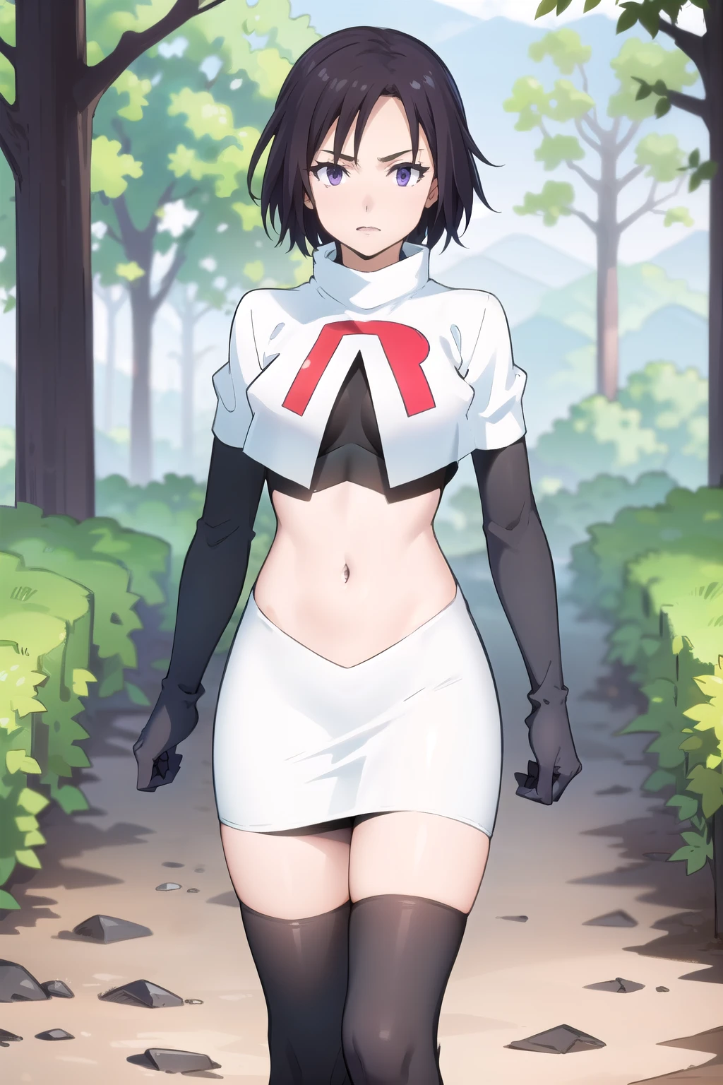 photorealistic, (4k), depth of field, (Masterpiece), (realistic skin texture), extremely detailed, intricate, hyper detailed, professional photography, high resolution, sharp detail, best quality, woman, short hair, black hair, purple eyes, outdoors, forest, trees, bushes, dirt path, ditch, cowboy shot,team rocket,team rocket uniform,white skirt,red letter R,crop top,black thigh-highs,black elbow gloves