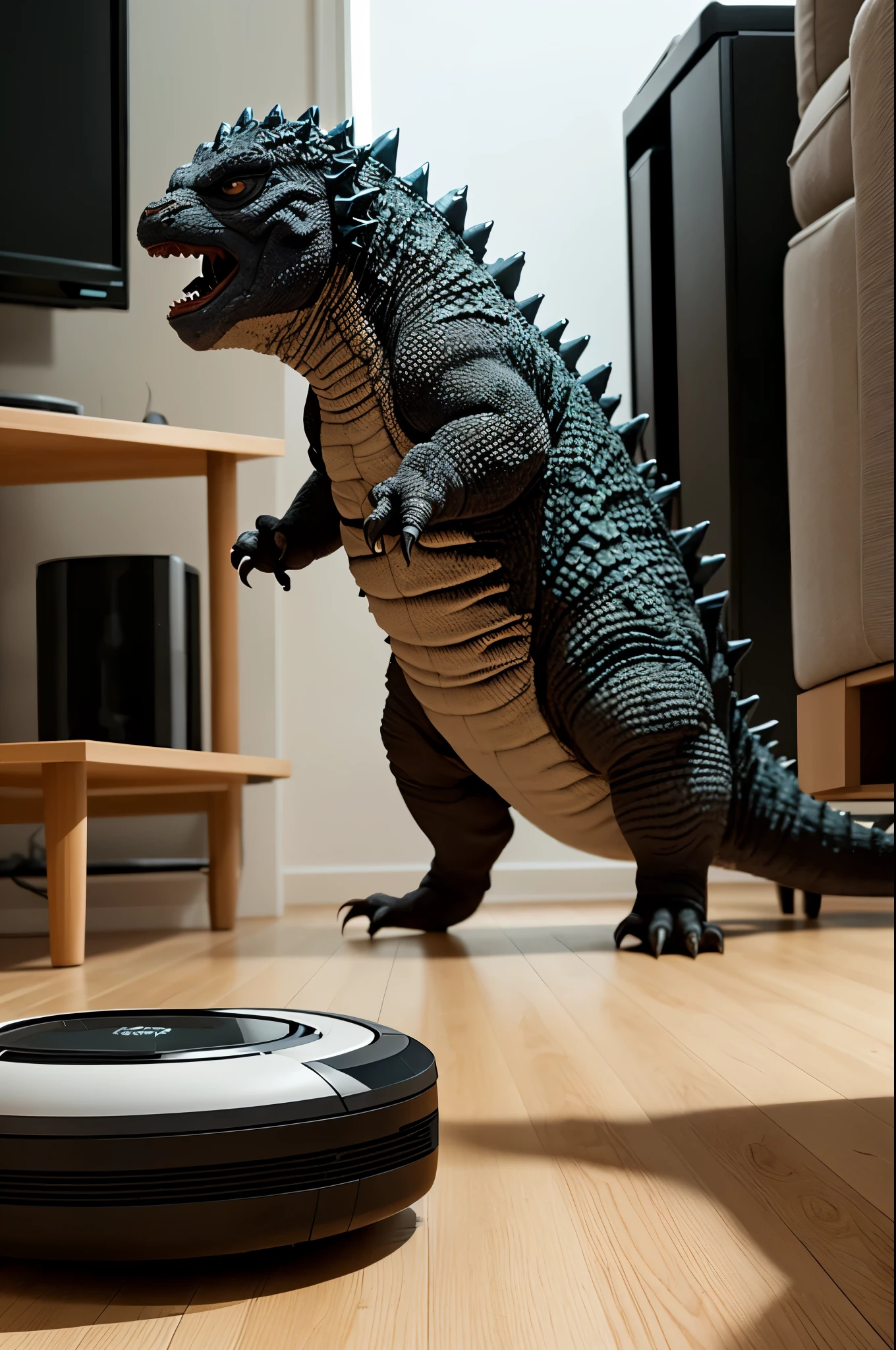A tiny godzilla acting fierce, riding on a Roomba as it cleans a living room