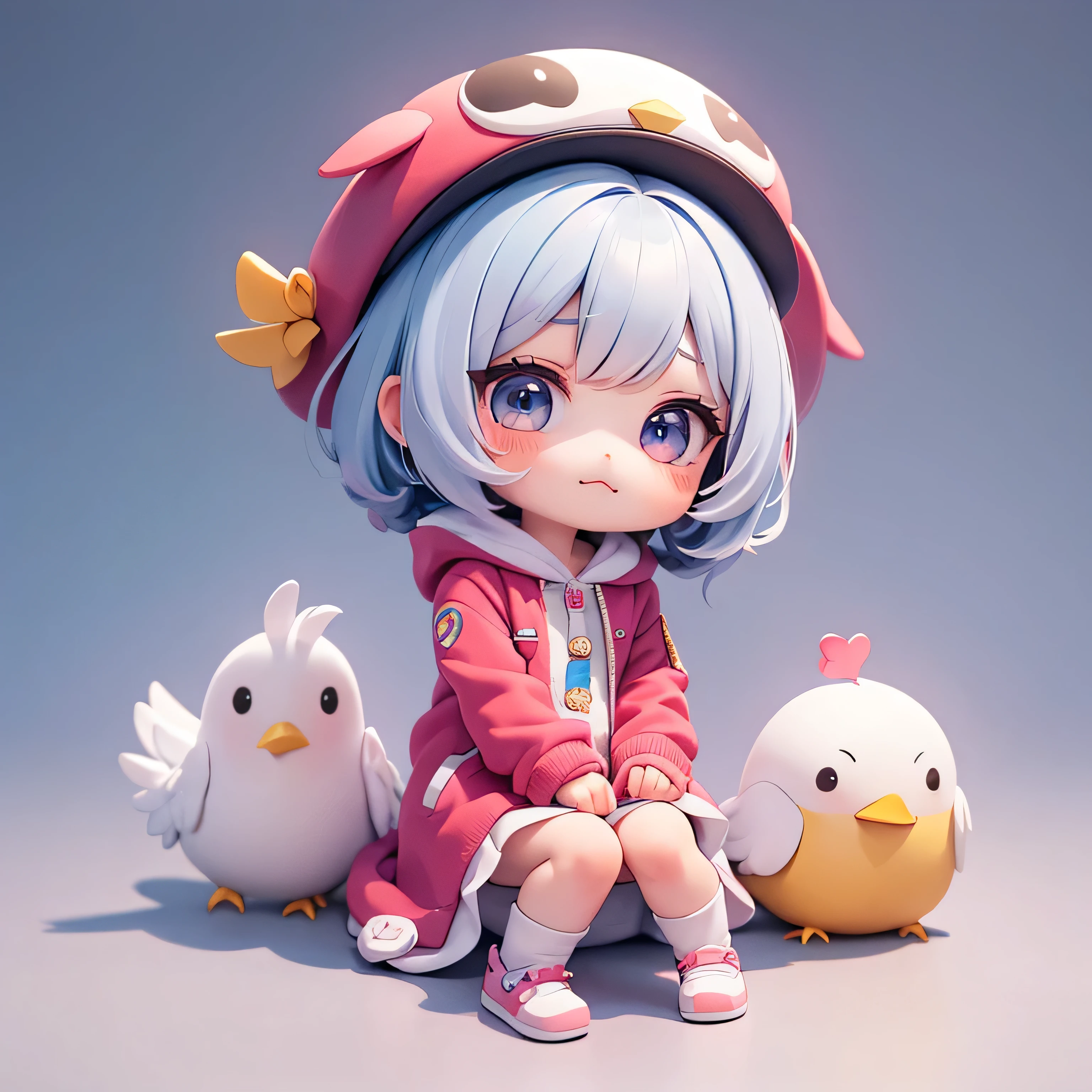 The characters make pitiful faces. The character clasps his hands in pleading. , cartoon girl in a chicken costume with a hat and a hand, Cute character is sitting, kawaii cutest sticker ever, cute digital art, chibi girl, cute anime style, cute detailed digital art, anime chibi, cute anime girl, chibi anime girl, ruan cute vtuber, sticker illustration