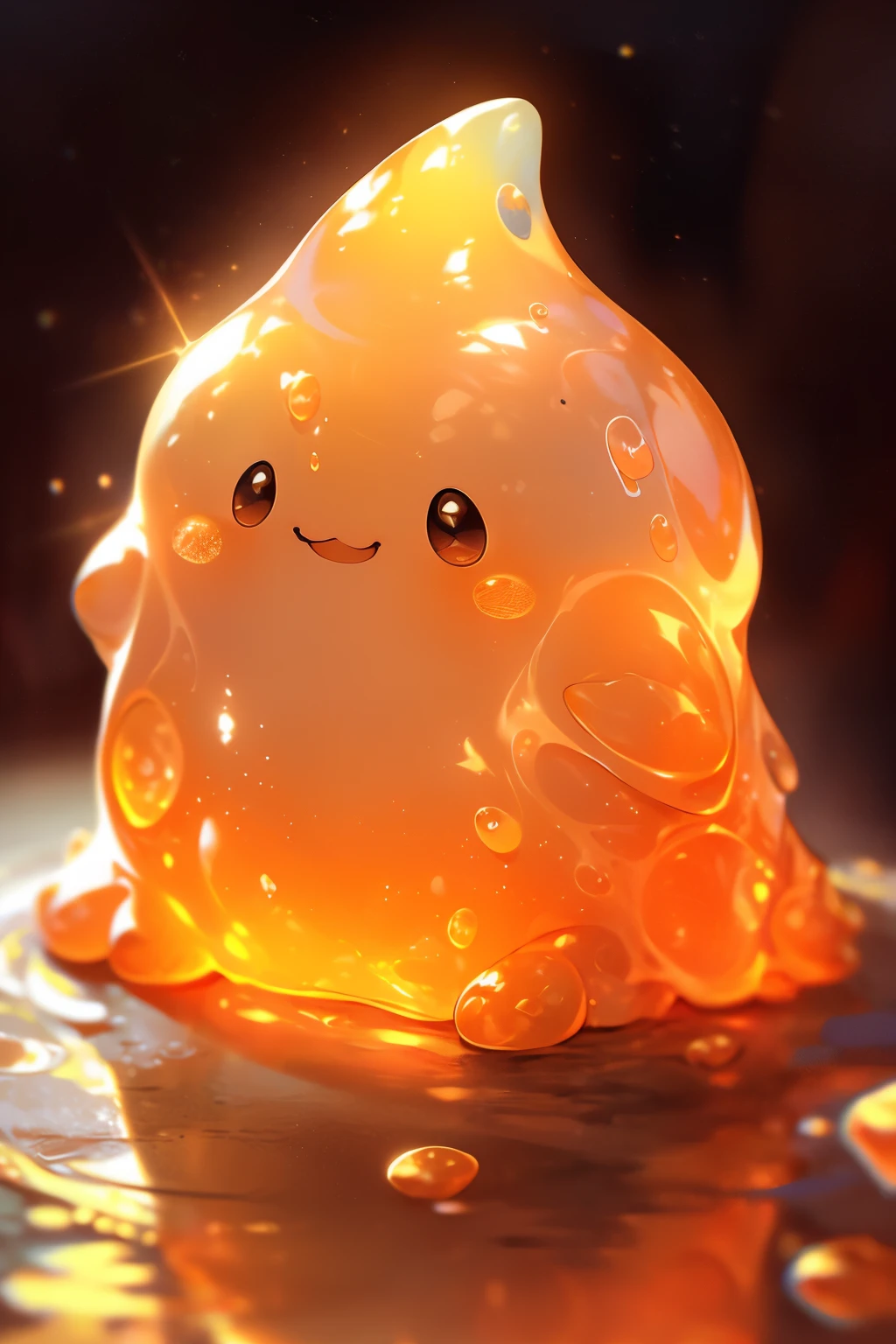 Ultra-detailed, Adorable, Orange Slime Blob, (squishy texture), (vibrant orange hue), Kawaii, Cute, 4K, High Resolution, (Ooze out of a container), (Wide grin on its face), (Round and plump body), (Soft and jiggly texture), (Bright orange eyes), (Glistening on the ground), (Seemingly happy and carefree), (Interacting with its surroundings), (Showing off its gooey features), (Bright and eye-catching), (A delightful addition to any scene).