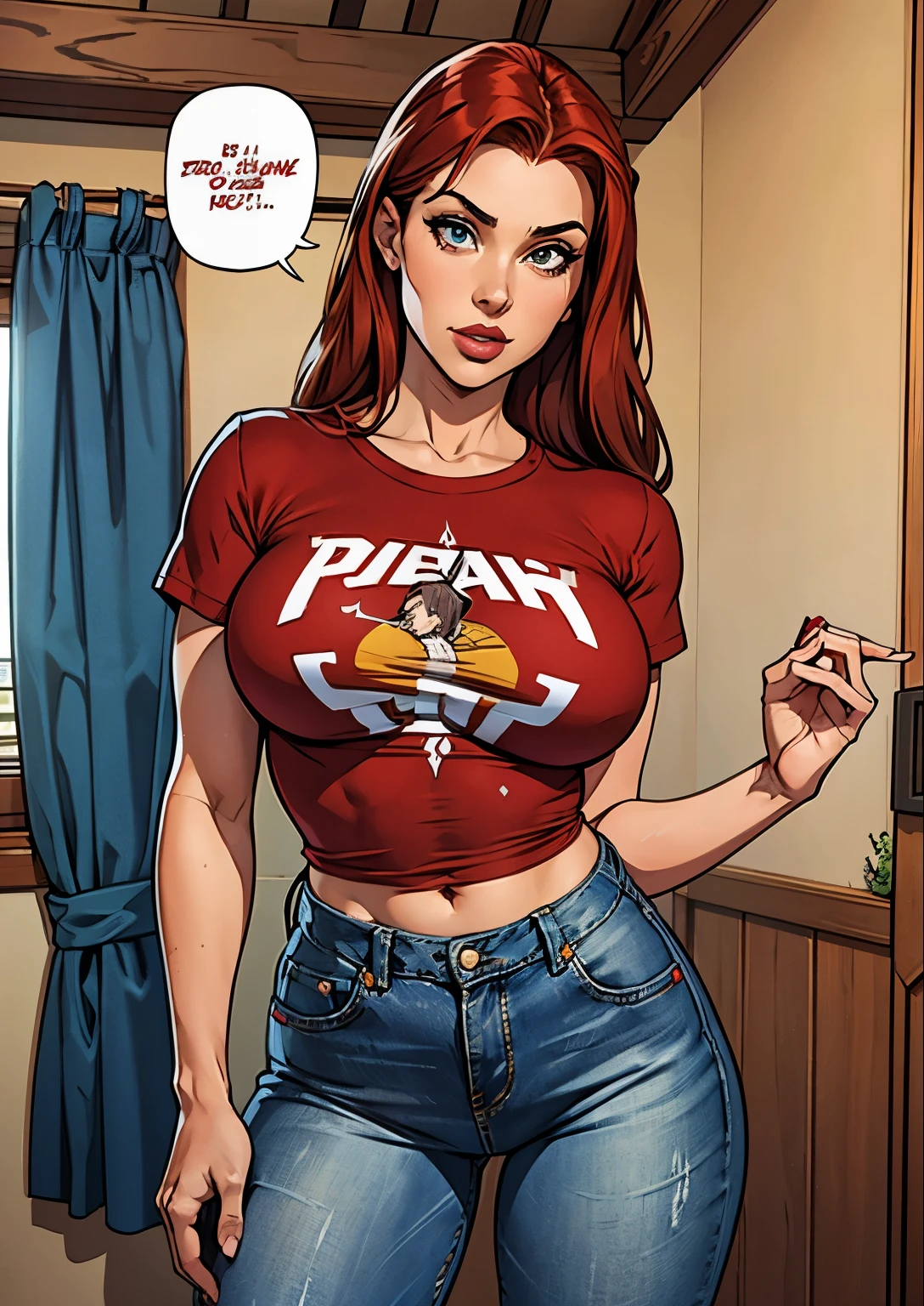 Mulher ruiva com seios grandes, rabo de cavalo, camisa vermelha, denim trousers, casual scenario she is leaning on something, a speech balloon, perfect eyes, perfect hands