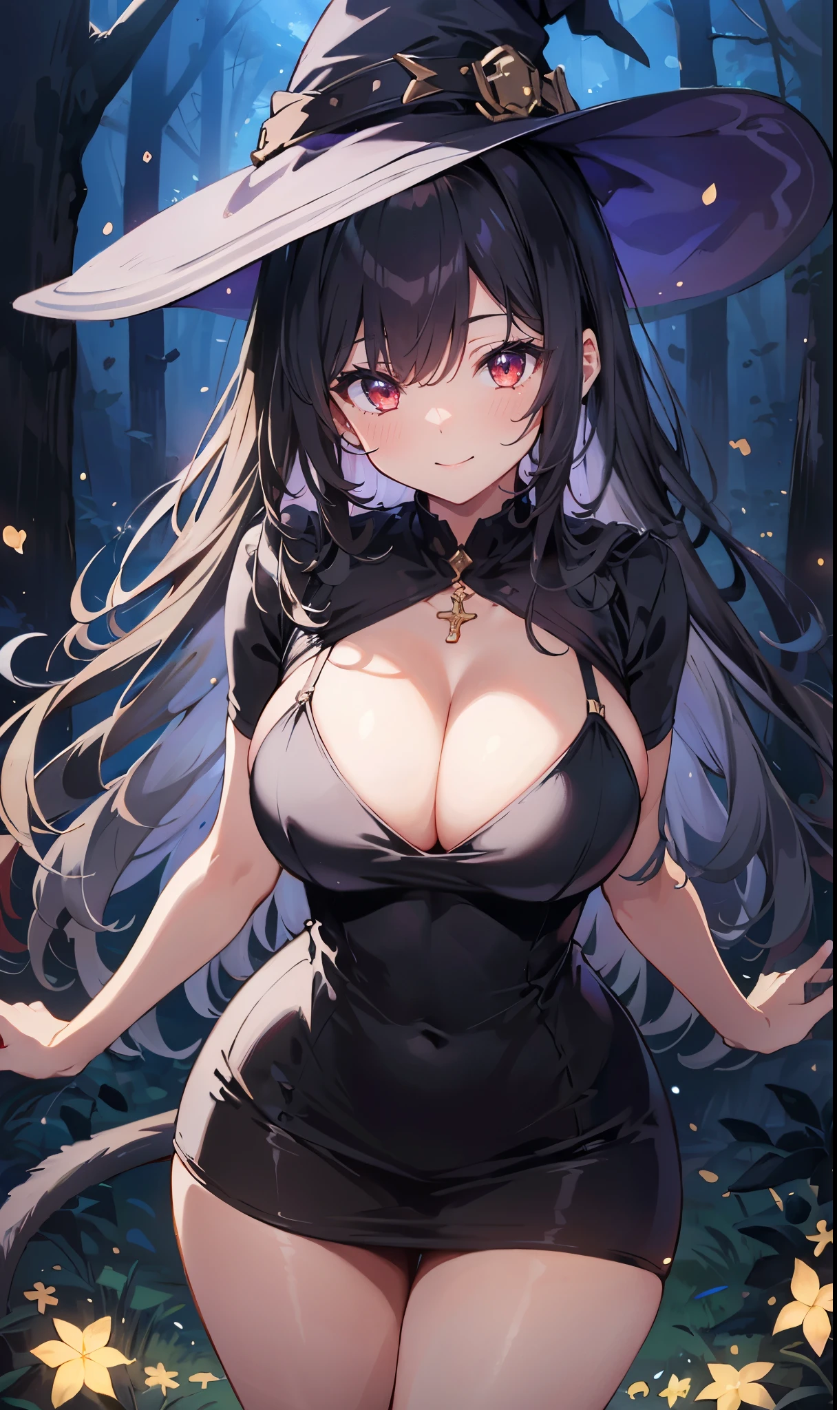 high quality, super detailed, 最high quality, Extremely detailed, beautiful, masterpiece, 1 girl, alone, figure, night forest, particle light, cowboy shot, looking at the viewer, red eyes, long hair, bangs, black hair, witch, witch hat, bodycon dress, cat tail, big breasts, cleavage, thighs, closed mouth, smile, blush