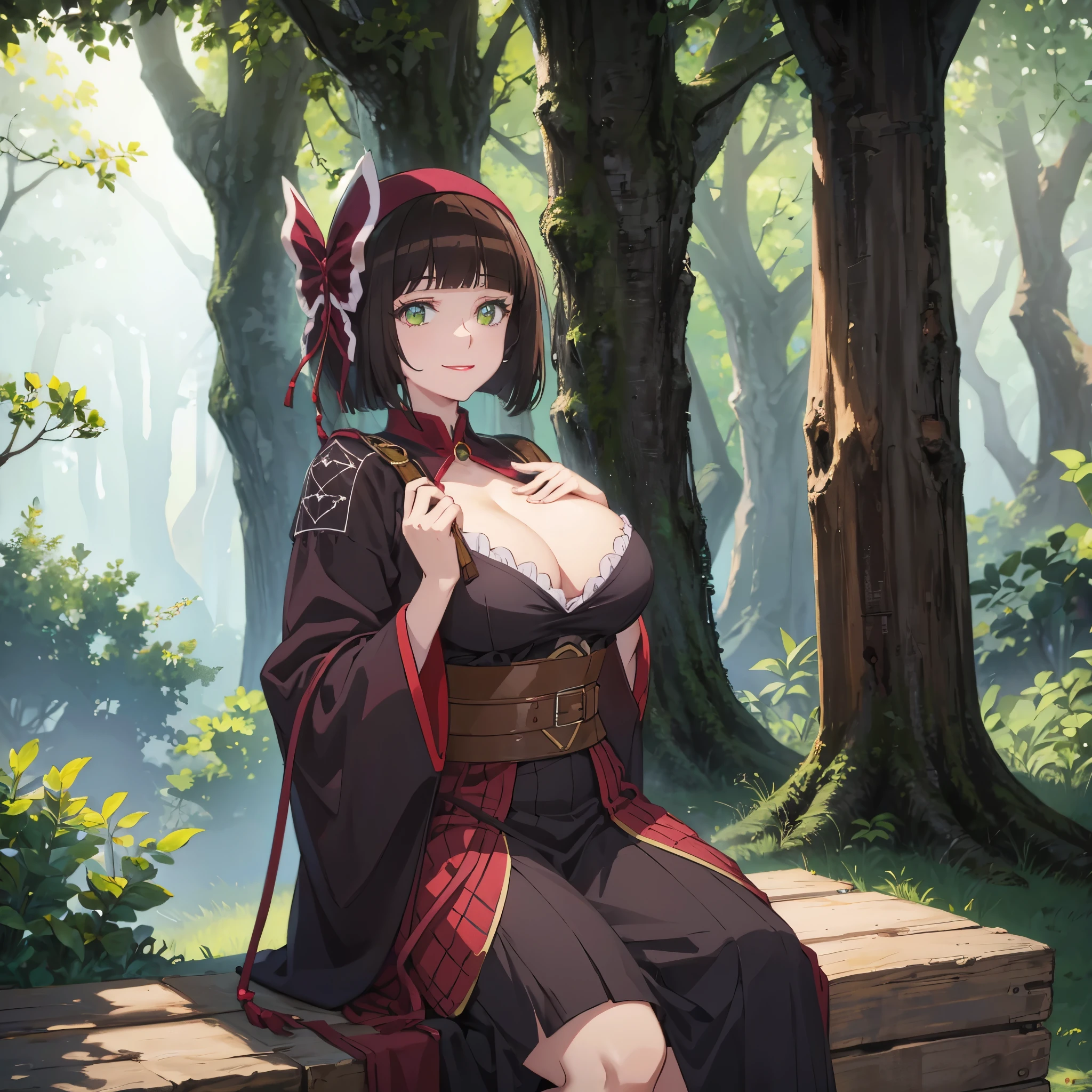 A woman with short dark brown hair, faint green eyes, smiling in a fantasy world forest, holding a fan with one hand, big breast
