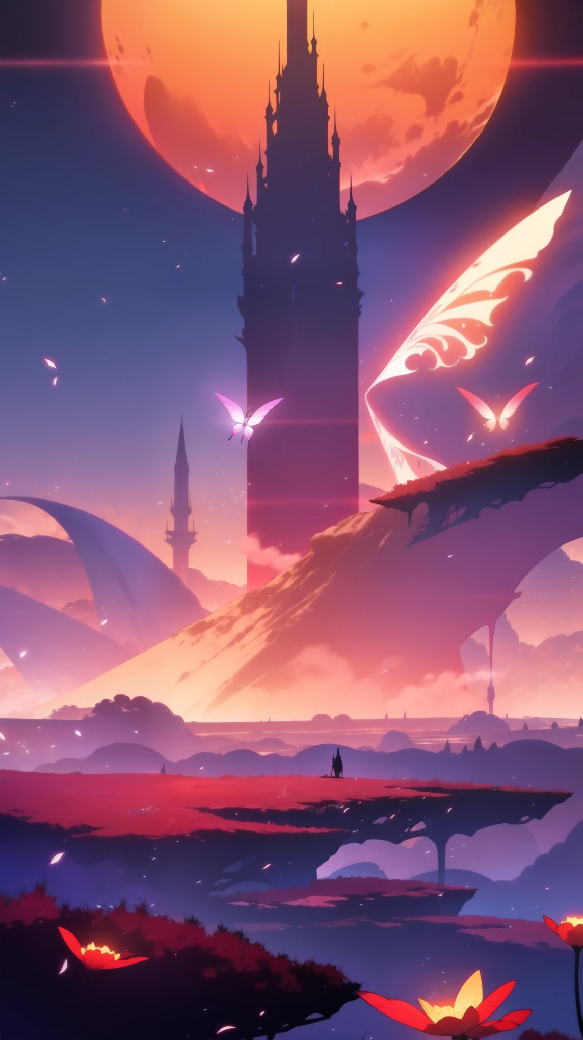 landscape, masterpiece,gorgeous, horizon,magic, flowers, artistic, red, dust, moon, best quality, colorful, reflections, fog, cosmic,fireflys,monster, deatiled,intricate, nature, ((no_humans)), star dust, flowers. particles
