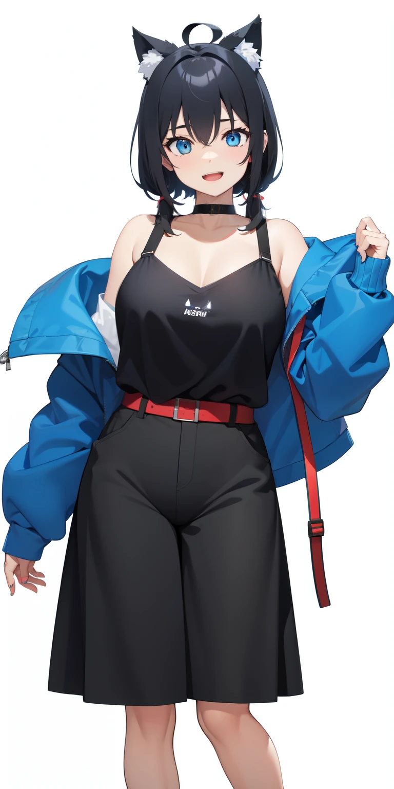 on lap,((((upright)))), ((((stand up)))), looking at the viewer, simple background、white background, 1 girl, open your mouth, smile, Virtual YouTuber、with a girl、((highest quality, expensive_solve, clear_image)),(black hair), (black cat ears), (Ahoge),stupid short hair、twin tails、(wavy hair), (blue eyes),、laughter、very big breasts、((concept art))、((front))、wore a camisole、I put a hoodie on my shoulders、short pants、cleavage visible、whole body、