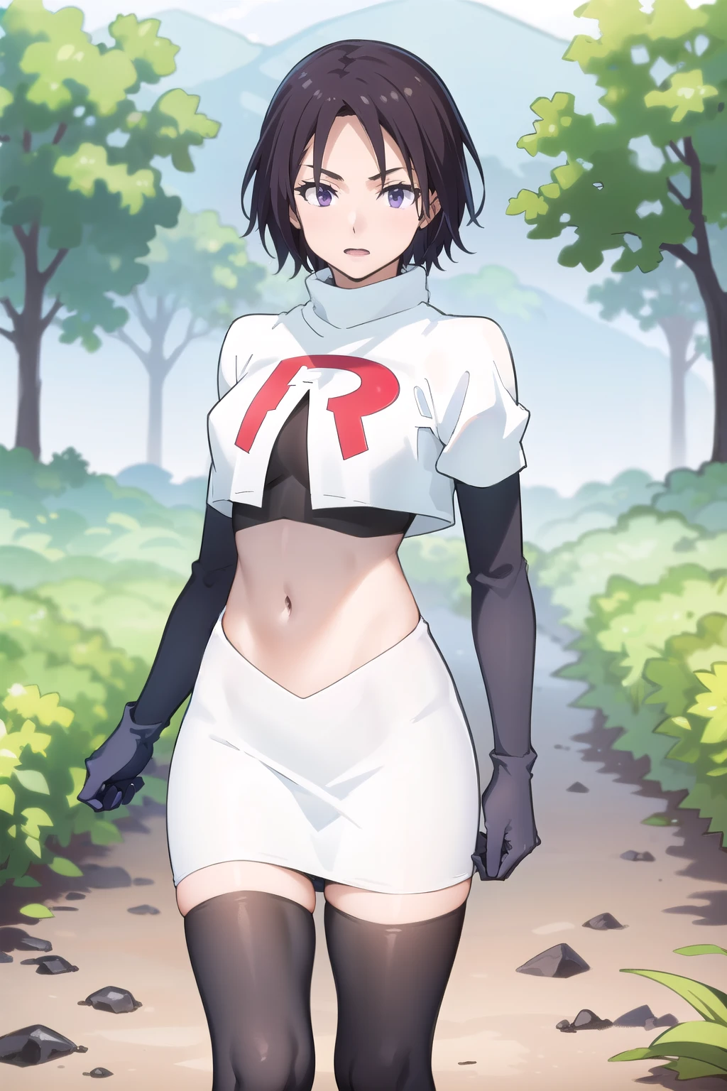 photorealistic, (4k), depth of field, (Masterpiece), (realistic skin texture), extremely detailed, intricate, hyper detailed, professional photography, high resolution, sharp detail, best quality, woman, short hair, black hair, purple eyes, outdoors, forest, trees, bushes, dirt path, ditch, cowboy shot,team rocket,team rocket uniform,white skirt,red letter R,crop top,black thigh-highs,black elbow gloves