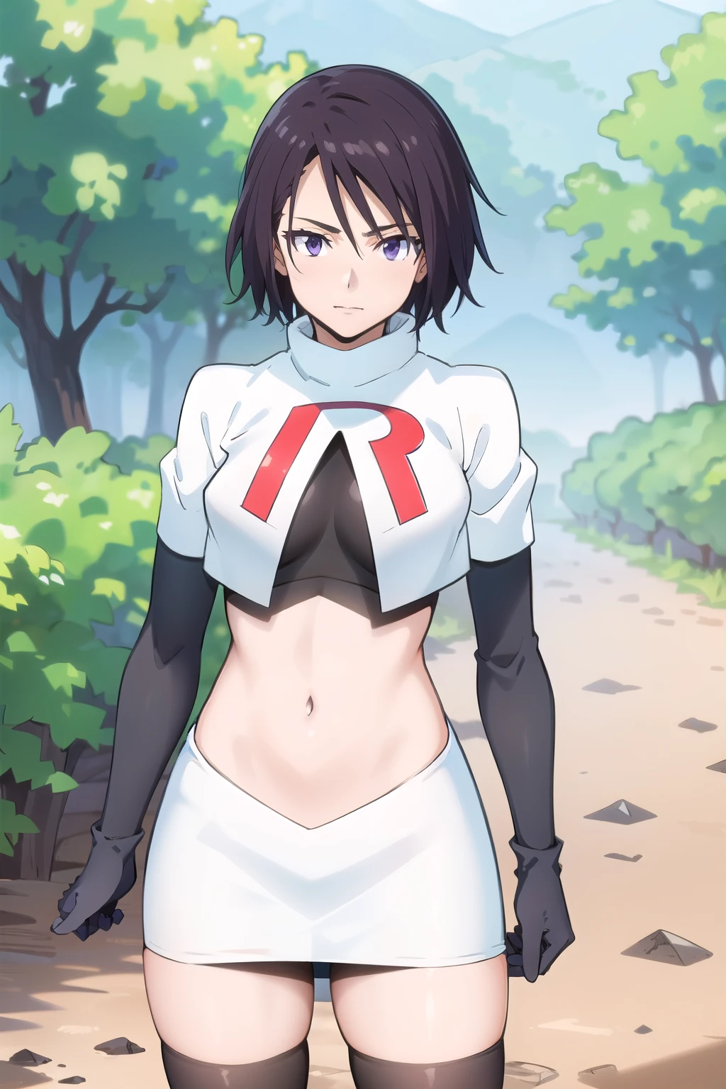 photorealistic, (4k), depth of field, (Masterpiece), (realistic skin texture), extremely detailed, intricate, hyper detailed, professional photography, high resolution, sharp detail, best quality, woman, short hair, black hair, purple eyes, outdoors, forest, trees, bushes, dirt path, ditch, cowboy shot,team rocket,team rocket uniform,white skirt,red letter R,crop top,black thigh-highs,black elbow gloves