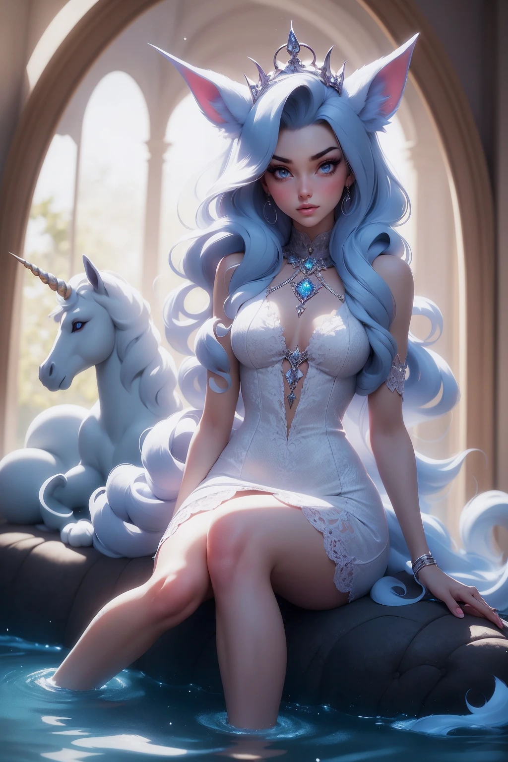 {-erro_de_anatomia:1.0} There is a white unicorn girl, blue mane and long mane, white unicorn, unicorn, unicorn horns, A unicorn, celestia, Nine stories, blue unicorn, soft dreamy, cinematic light《fangs》Unicorn in, mythological creatures, a mythical creature, Pokémon illustration, unicorns, a glaceon princess, white dress, opal eyes. Auroracore, ghostly iridescent, image good for rendering, sitting on the water, unicorn girl, full body.