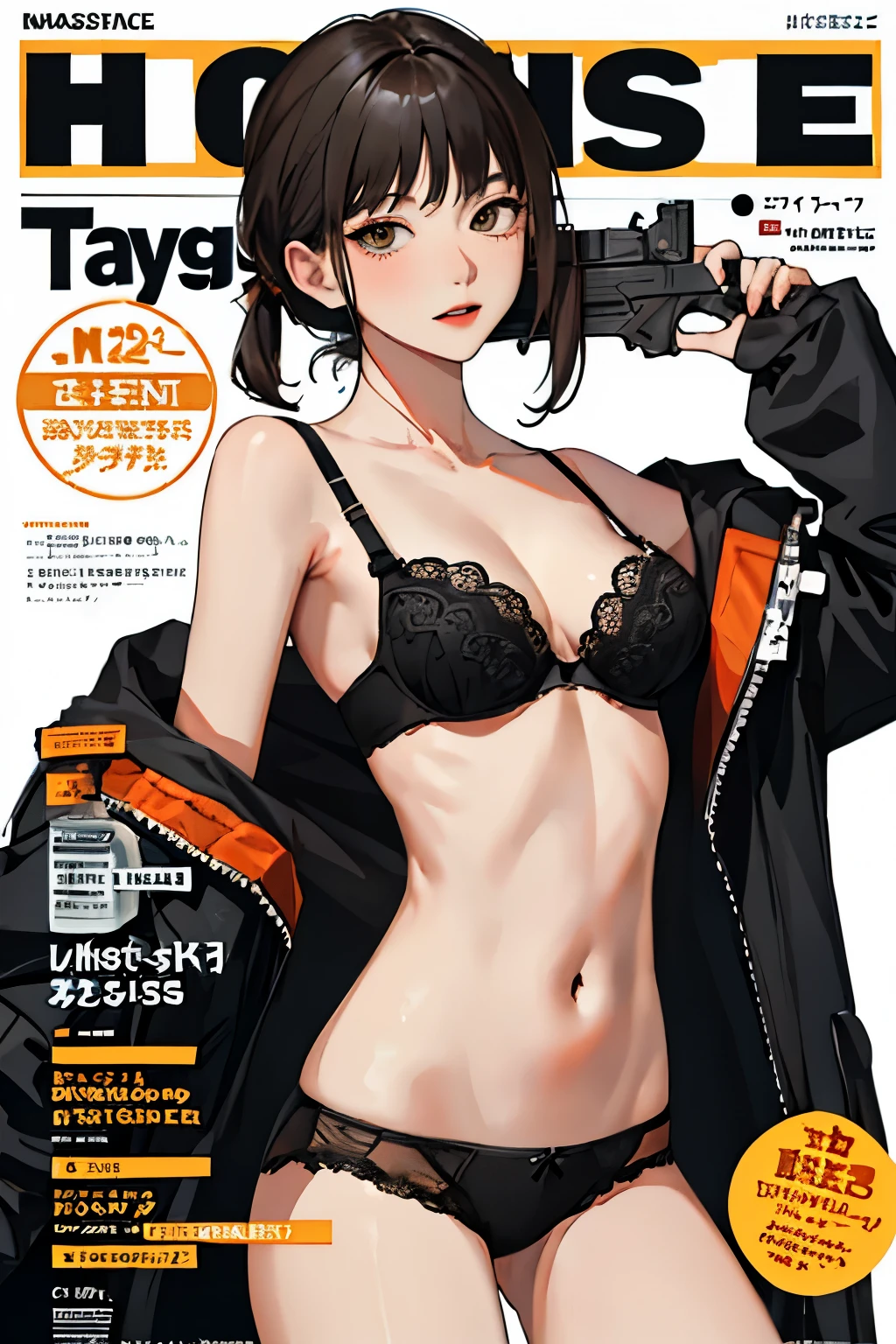 (masterpiece:1.2, highest quality), (very detailed:1.3), (magazine cover), 1 girl, 15 generations, small breasts, (black panties), (black bra), (hold a gun), Severe, white background,