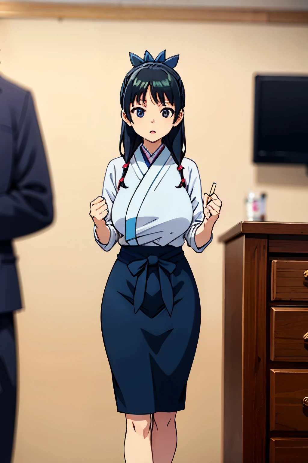 big breasts、I&#39;m thin、narrow waist、legs are also thin、Japan OL attire、working in the office