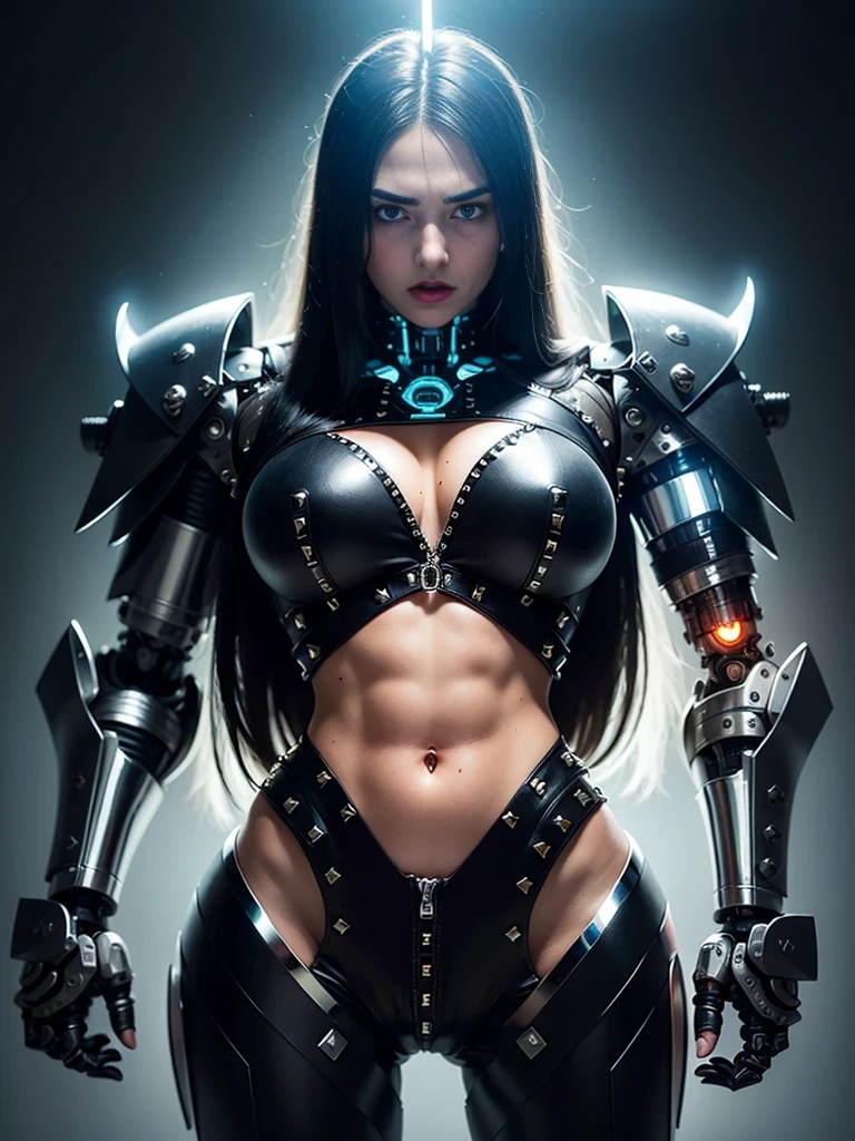 ((best quality: 1.5)) ((masterpiece: 0.8)), intricate details, sharp focus, professional, photorealistic, real life, realistic representation of the face, ((((solo, 1girl) athletic assassin, (suntan, intense expression, metallic lipstick, (mechanical arm, cyborg, ([flat chest:medium breasts:0.8]), cleavage))))) bright glow, dynamic pose, ugly face, in the style of realistic and hyper detailed renderings, dark room, dark background, black background, solo, BREAK; BREAK (((long black straight hair, blackout gothic eyeshadow))), (freckles: 0.9), ((((body tattoo: 0.7))), abdominal muscles), ((fujicolor)), BREAK; BREAK helmet, ((((futuristic steampunk (matte black armor:1.6, ((cleric, holy symbol, chrome rivets, lethal, flexing, glow)))), photorealistic, hyper-realistic)))