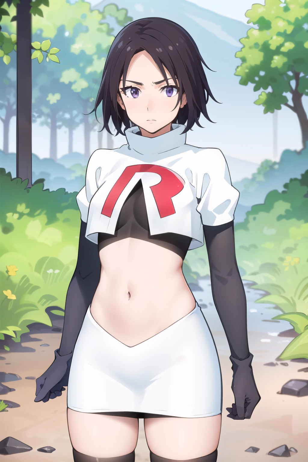 photorealistic, (4k), depth of field, (Masterpiece), (realistic skin texture), extremely detailed, intricate, hyper detailed, professional photography, high resolution, sharp detail, best quality, woman, short hair, black hair, purple eyes, outdoors, forest, trees, bushes, dirt path, ditch, cowboy shot,team rocket,team rocket uniform,white skirt,red letter R,crop top,black thigh-highs,black elbow gloves